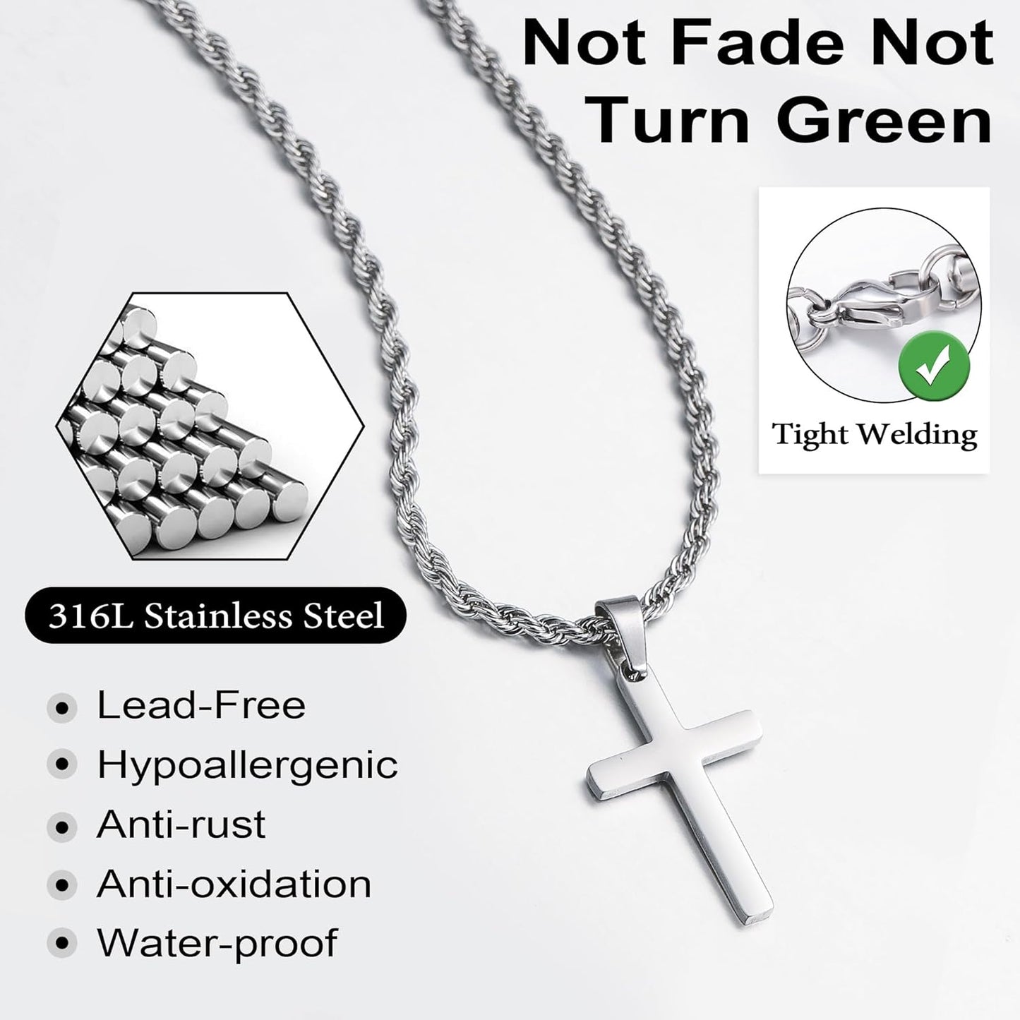 Yooblue Easter Basket Stuffers - Cross Necklace for Men, Gold Black Silver Mens Cross Necklaces Stainless Steel Cross Pendant Necklace Simple Jewelry Gifts Cross Chain Necklaces for Men