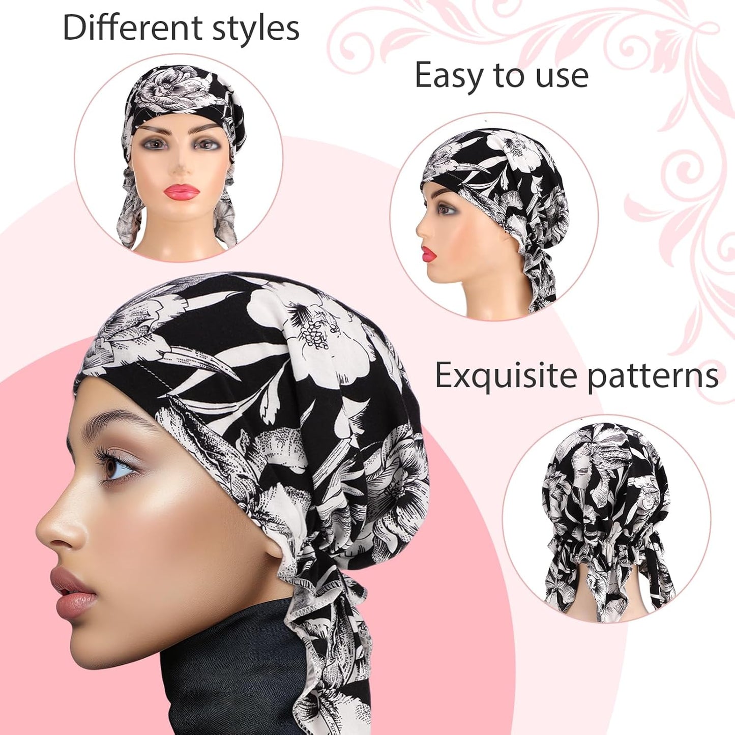 6 Pcs Chemo Headwear for Women, Pre Tied Cancer Caps Stretch Hat Turban Sleep Headwraps for Patient Hair Loss