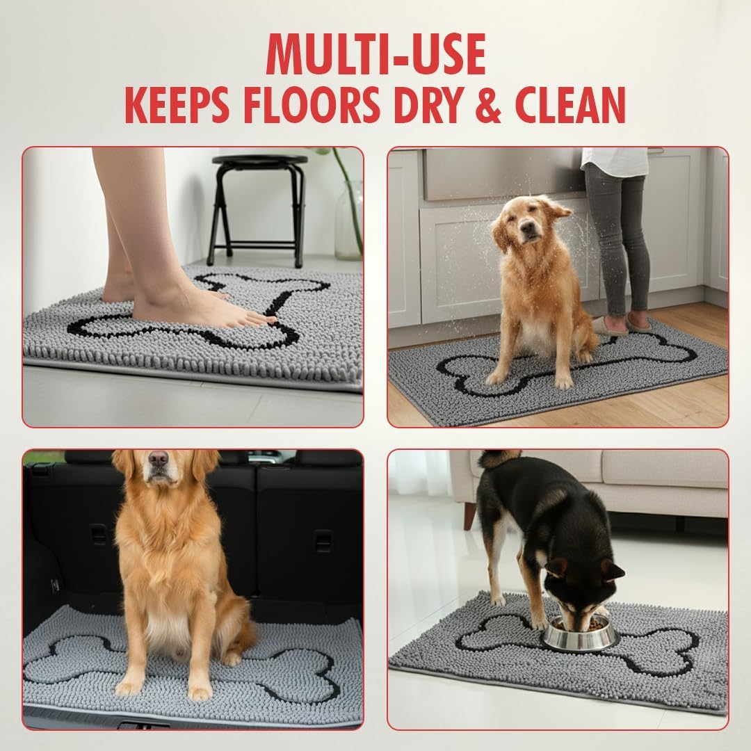 MUDGUARD MAT™ Dog Door Mat with Bone Design, Super Absorbent Microfiber Chenille, Non-Slip Quick-Dry Indoor Rug for Muddy Paws, Pets & Entryway, Machine Washable, Grey 19"x30"