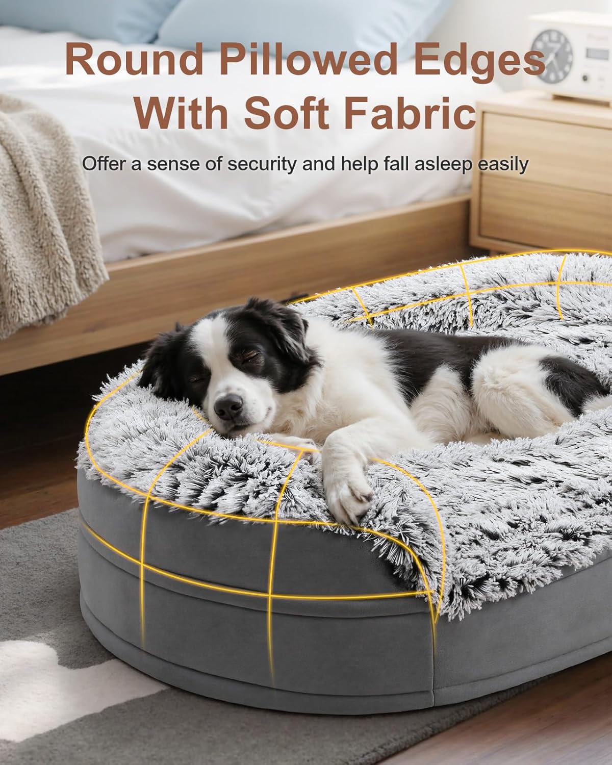Fluffy 3.7 inch Thickened Orthopedic Dog Beds for Jumbo Dogs, Curved Bolster Support Dog Couch with Removable & Washable Cover, Orthopedic Oval Memory Foam, Non Slip Bottom,Grey