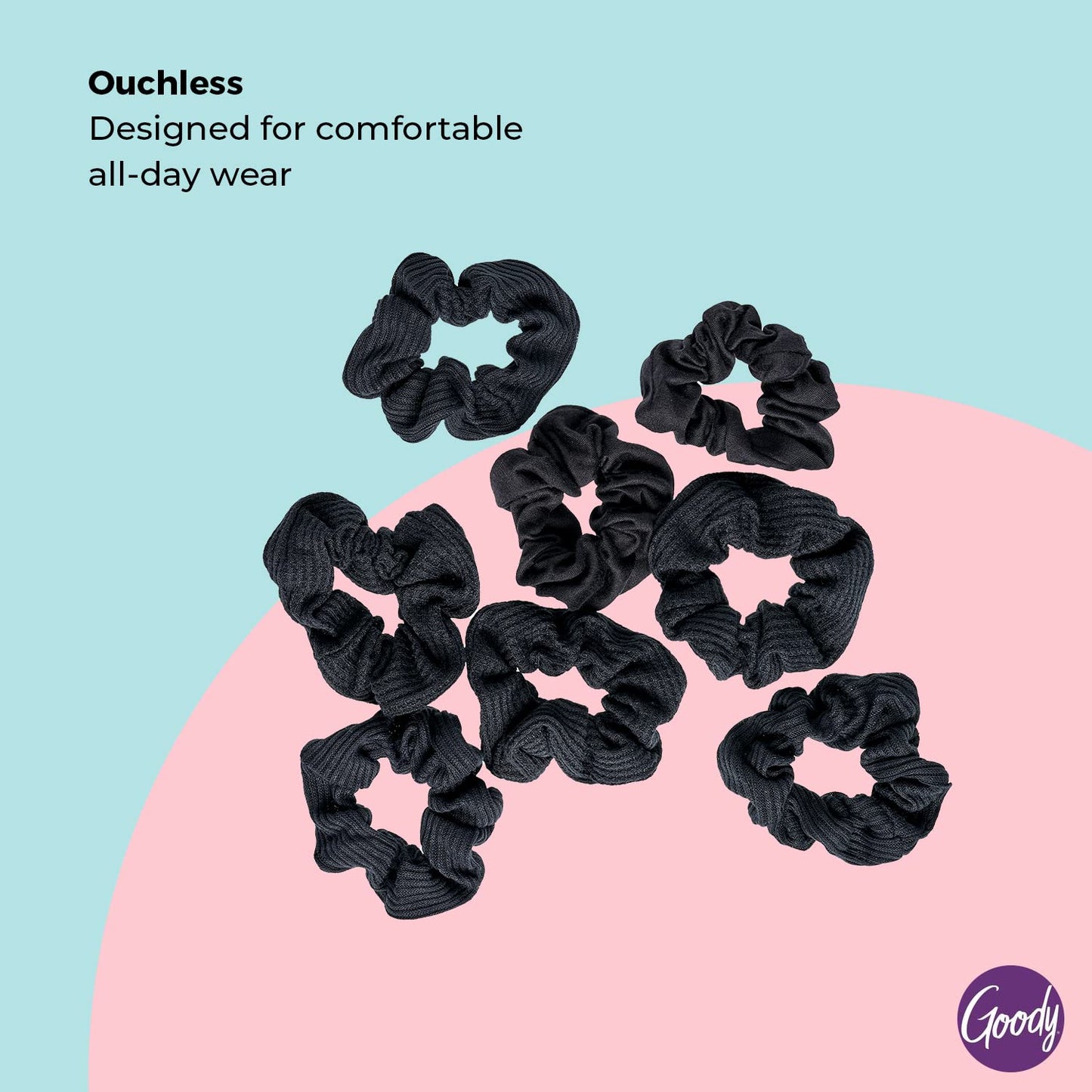 Goody Ouchless Jersey Scrunchies 8 Count Black Fabric Hair Ties, Dentless Damage-Free Secure Hold, Soft Stretch Accessories for Women Men All Hair Types
