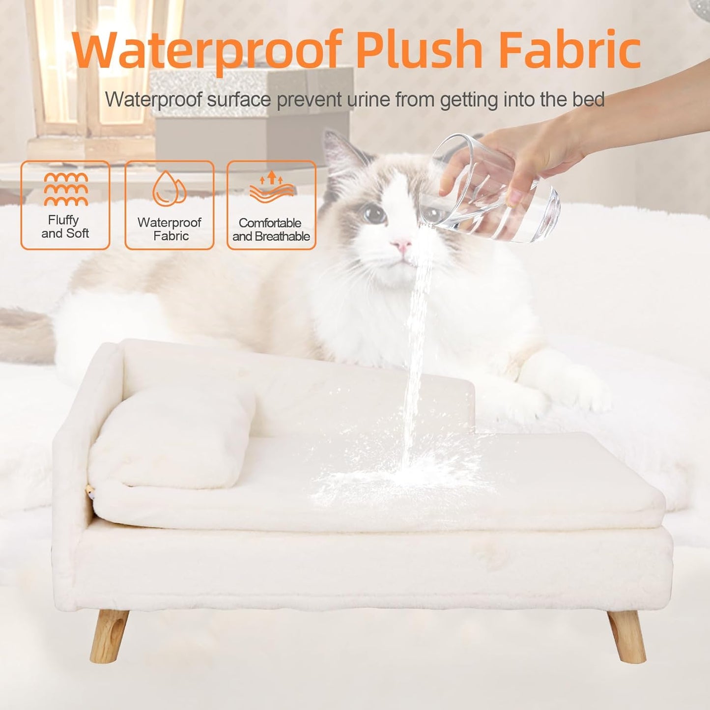 Elevated Cat Couch Sofa: Wooden Cat Bed Dog Chair with Bolster Cushion for Small Dogs Cute Pet Chaise Soft Cushion Fluffy Washable for Puppy