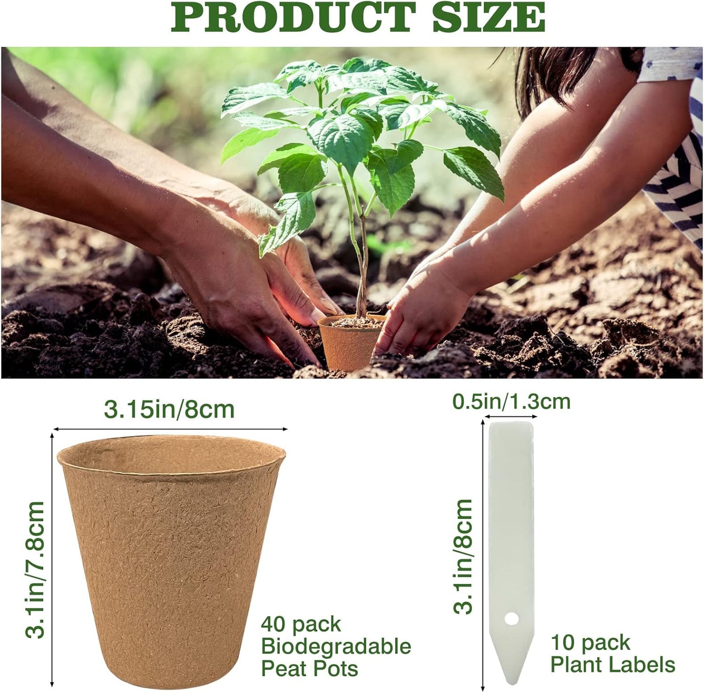40Pcs 3.15 Inch Peat Pots, Biodegradable Eco-Friendly Round Plant Seedling Starters Kit, Seed Germination Trays with 10 Labels for Flower Vegetable Tomato Saplings & Herb Germination, Khaki