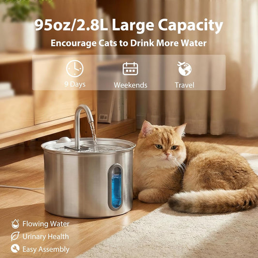 304 Stainless Steel Cat Water Fountain - 2.8L/95oz Quiet Electric Pet Water Fountain with Multi-Stage Filtration, Easy to Clean & Assemble (Pet Water Fountain+1 Filter)