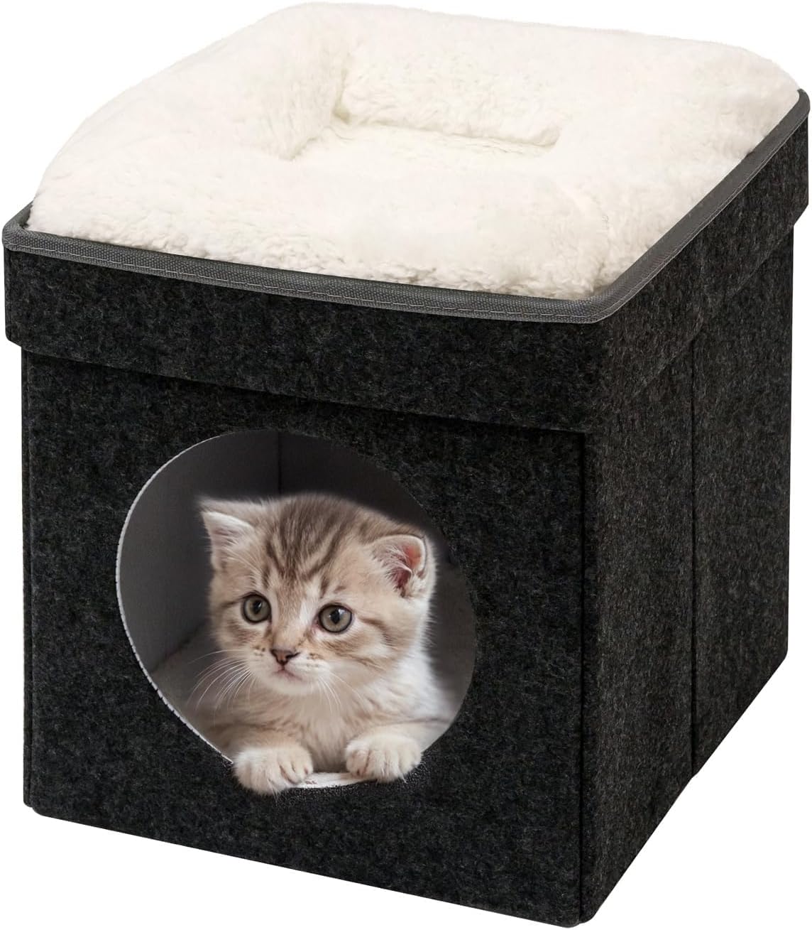B FSOBEIIALEO Cat House Cube Small Dog Cubes for Indoor Cats Folding Cat Ottoman, Cat Cave, Stackable Cat Condo for Kitten, with Removable Soft Sleeping Bed, Felt and Engineered Wood 12.6"(Dark Grey)