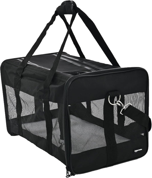 Amazon Basics Airline Approved Soft-Sided Mesh Pet Travel Carrier with Shoulder Strap, Removable Washable Fleece Pad, Top Opening, Ventilation for Dog, Cat, up to 22 pounds, 19.7Lx12Wx12H in., Black