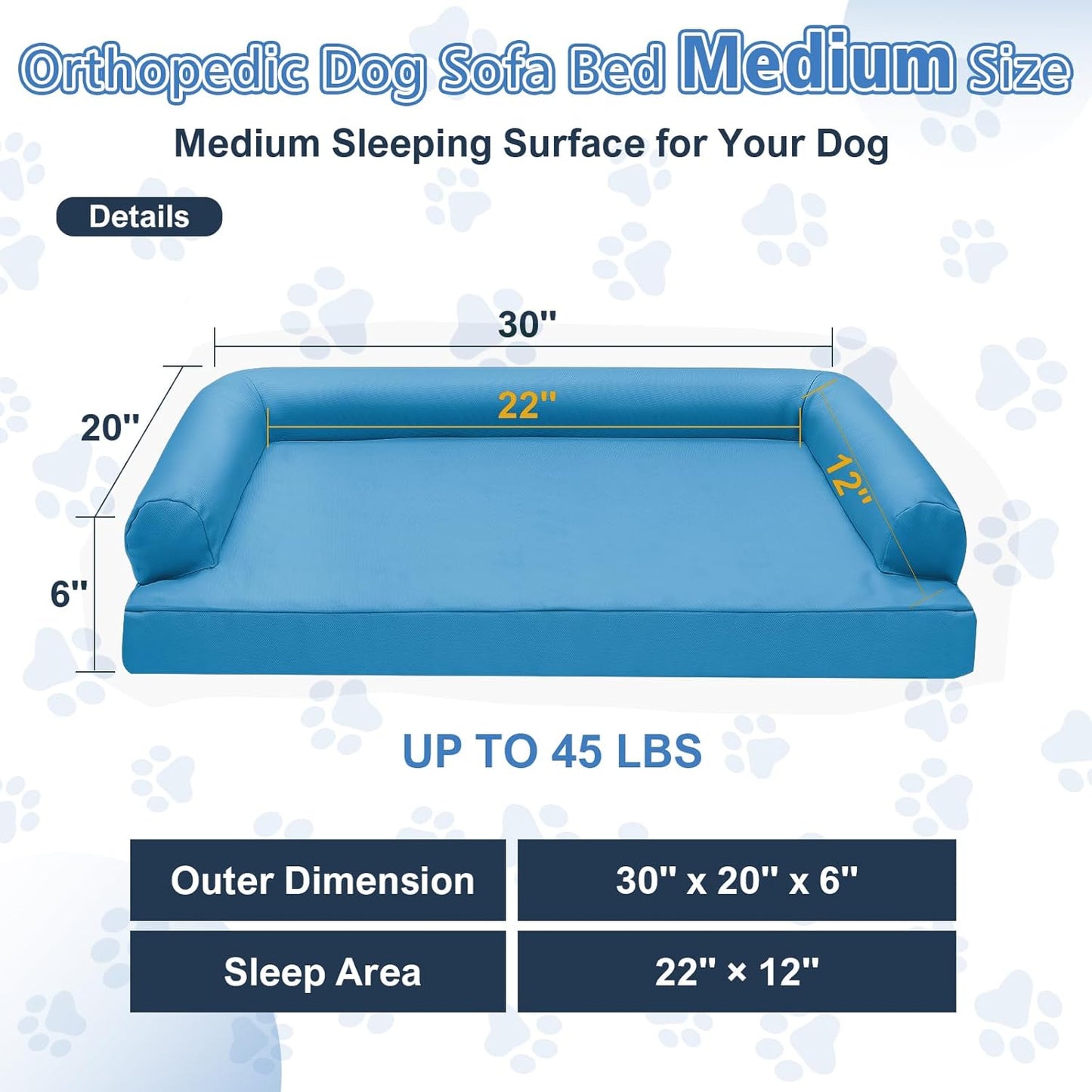 Indestructible Pet Couch Sofa - Orthopedic Memory Foam Dog Bed, Waterproof Washable Cover with Non-Slip Bottom & Durable Support for Medium Large Dogs, 42" x 30" Blue