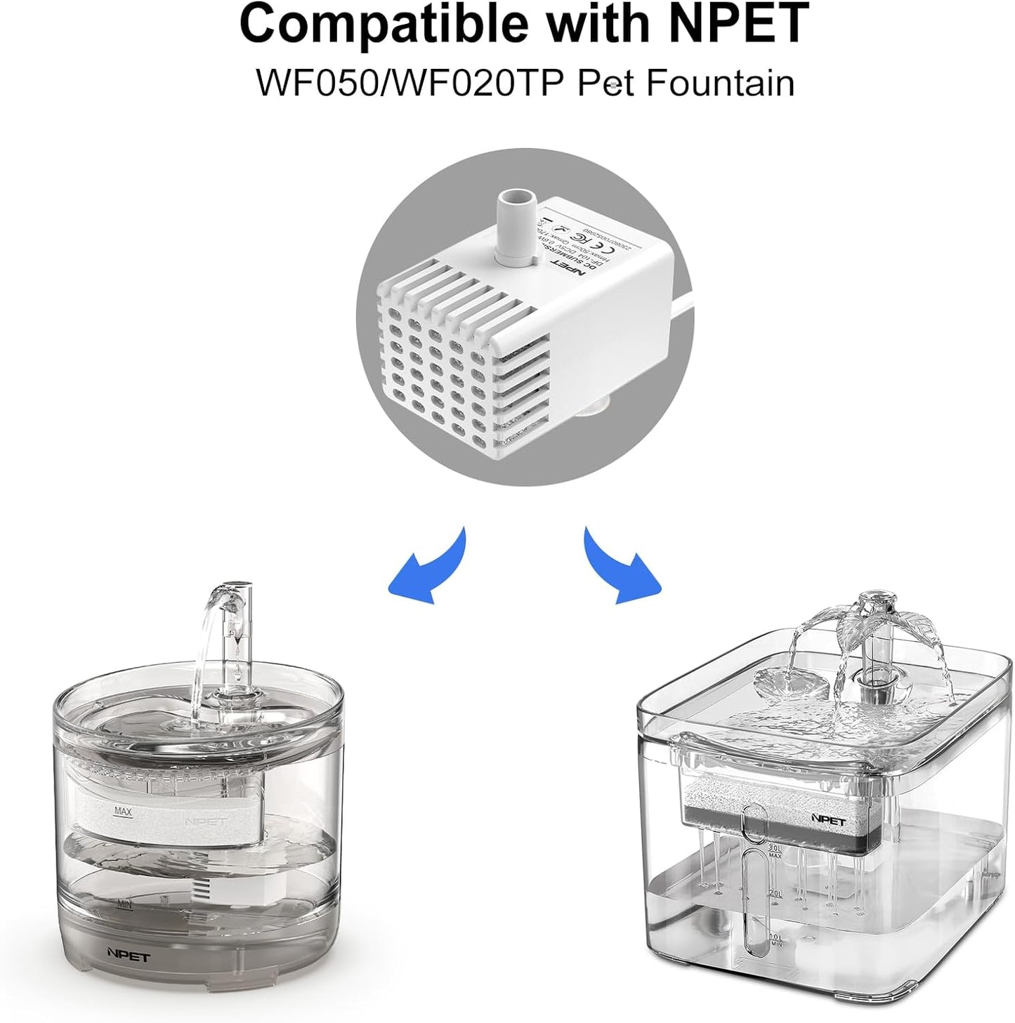 NPET Replacement Pump for Cat Water Fountain, Compatible with NPET WF050/WF020TP Pet Water Fountain