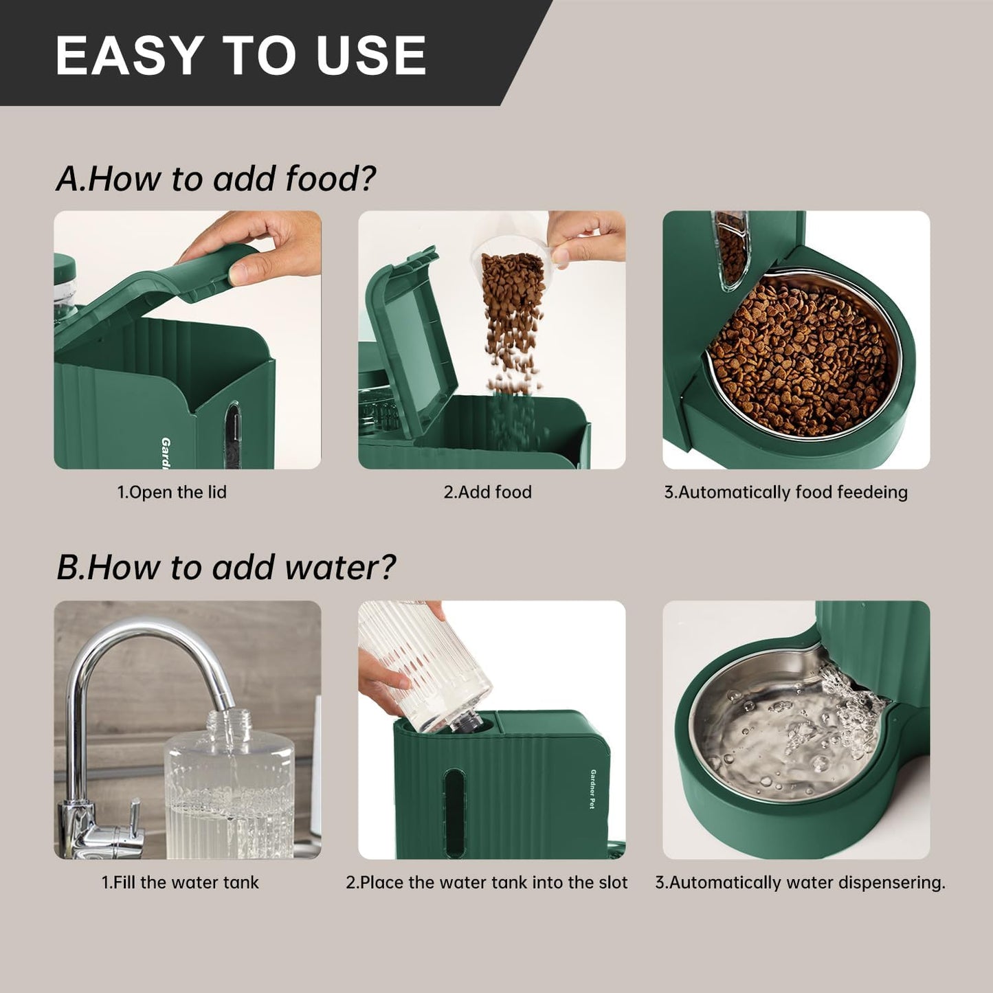Gardner Pet Automatic Gravity Pet Feeder, 0.8 Gallons*2 Dog Feeder and Water Dispenser Set 100% BPA-Free, 2-in-1 Gravity Feeder with Stainless Steel Bowl for Dogs, Cats, Rabbits, Puppies (Green)