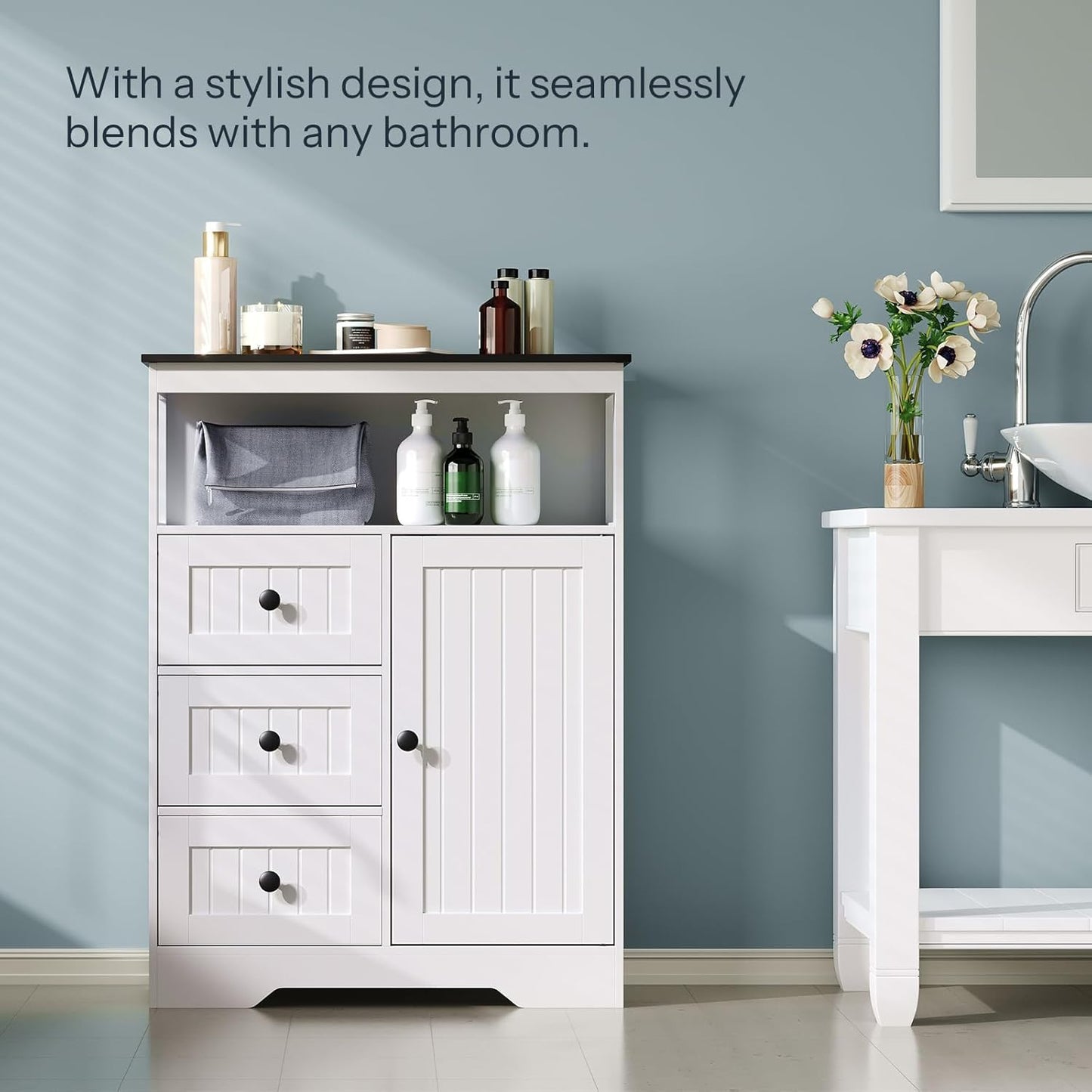 HOOBRO 28.3" Bathroom Storage Cabinet, Large Floor Cabinet, Freestanding Bathroom Storage Unit, 1 Cupboard and 3 Drawers, Adjustable Shelf, 28.3" L x 11.8" W x 37.8" H, White and Black