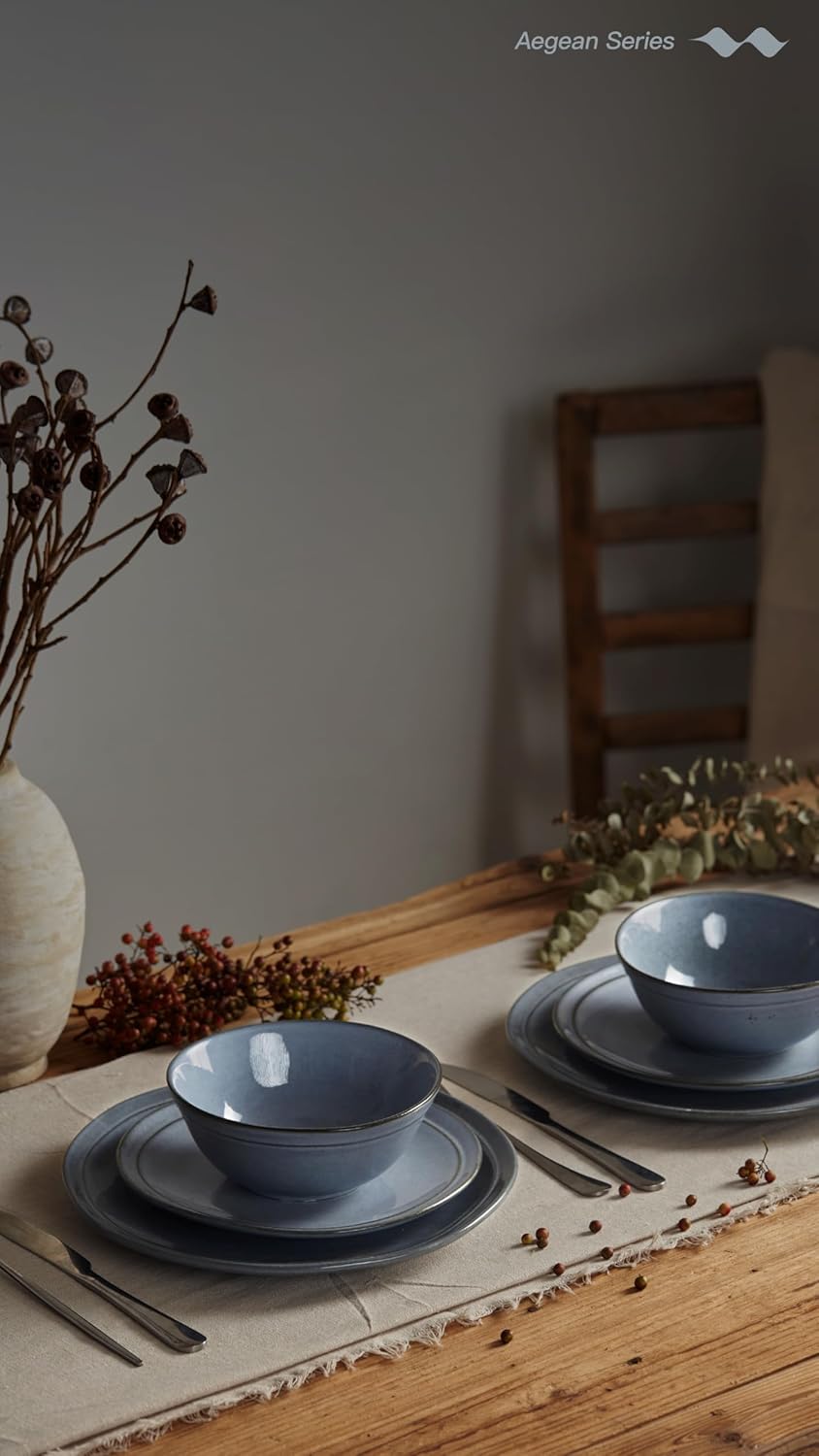 Famiware Aegean Stoneware Dinnerware Set for 8, Plates and Bowls Sets, 24 Pieces Scratch Resistant Dinner Set, Handmade Irregular Round Dishes - Microwave and Dishwasher Safe, Blue Grey