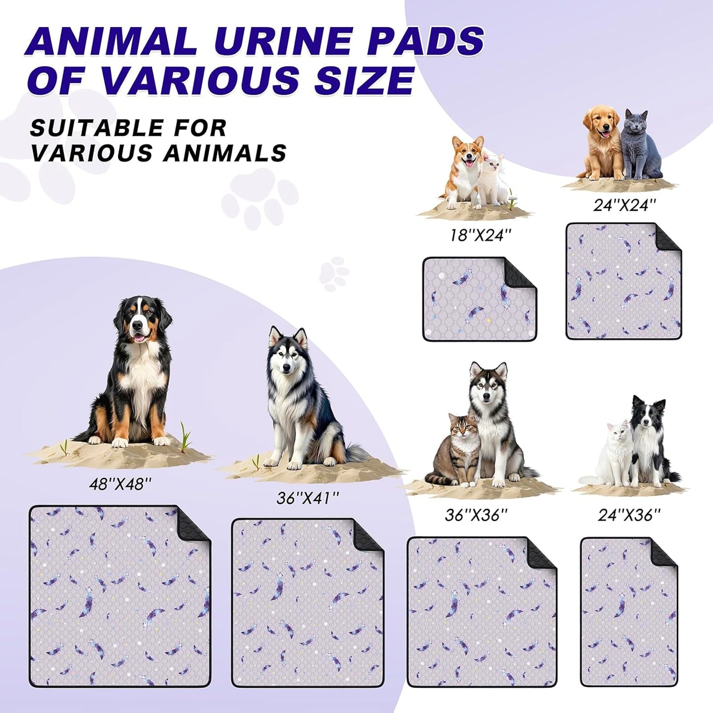 Washable Pee Pads for Dogs, 2Pack Reusable Puppy Pads, Super Absorbent & Leakproof Dog Pads, Anti-Slip Dog Pee Pads for Puppy Training & Incontinence, Feather Pattern 36"x36"