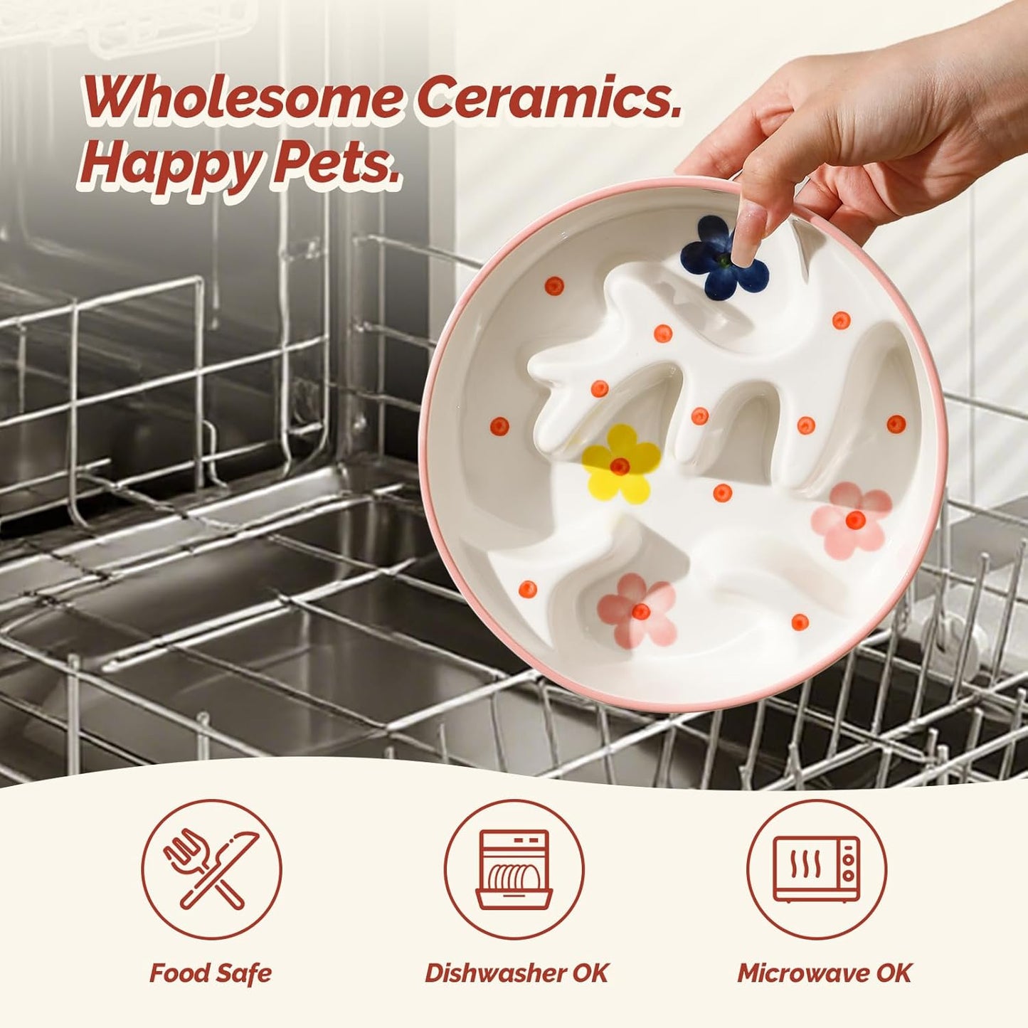 Ceramic Slow Feeder Dog Bowl - Portion Control Feeding Bowl for Medium Dogs - Cute Maze Food Dish for Fast Eaters - 3.1 Cups (310 g) - Doodle Series (Strawberry)
