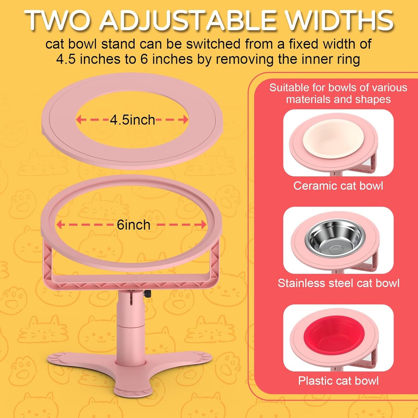 Raised Cat Bowls with Height-Adjustable Stand 15° Tilted Cat Food Bowls Non-Slip Feeder Adjusts to 2.4", 4.02",5.98" with Stainless Steel Bowls Whisker Friendly for Cats and Puppy