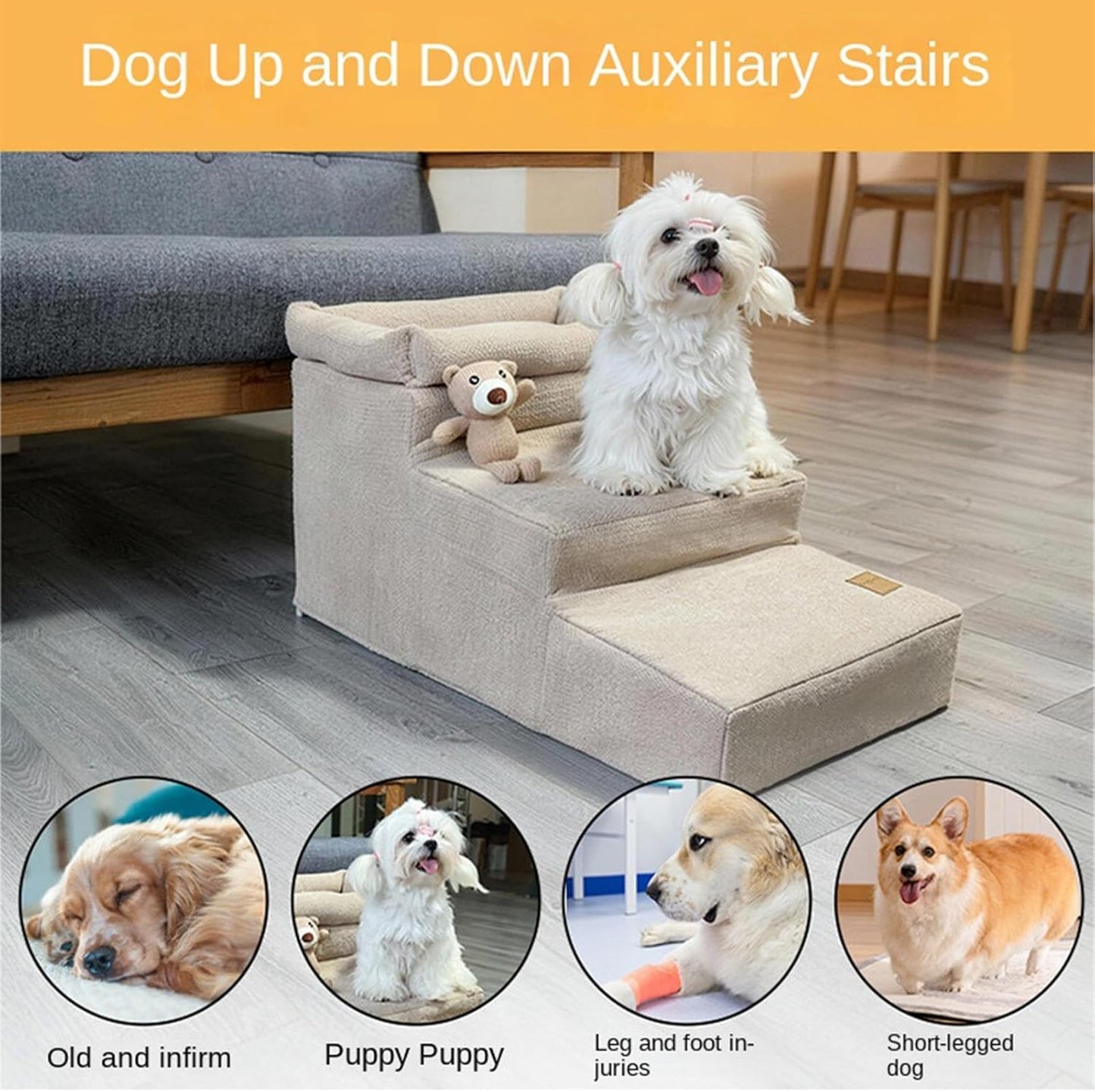 Kitten Sofa Ladder Pet Stairs for Cats Small Dogs - Anti-Slip Fleece Polyester Pet Step Stool for Sofa Bed Windowsill Recovery Apartment Office Easy Access Comfortable Safe 60x35x37cm