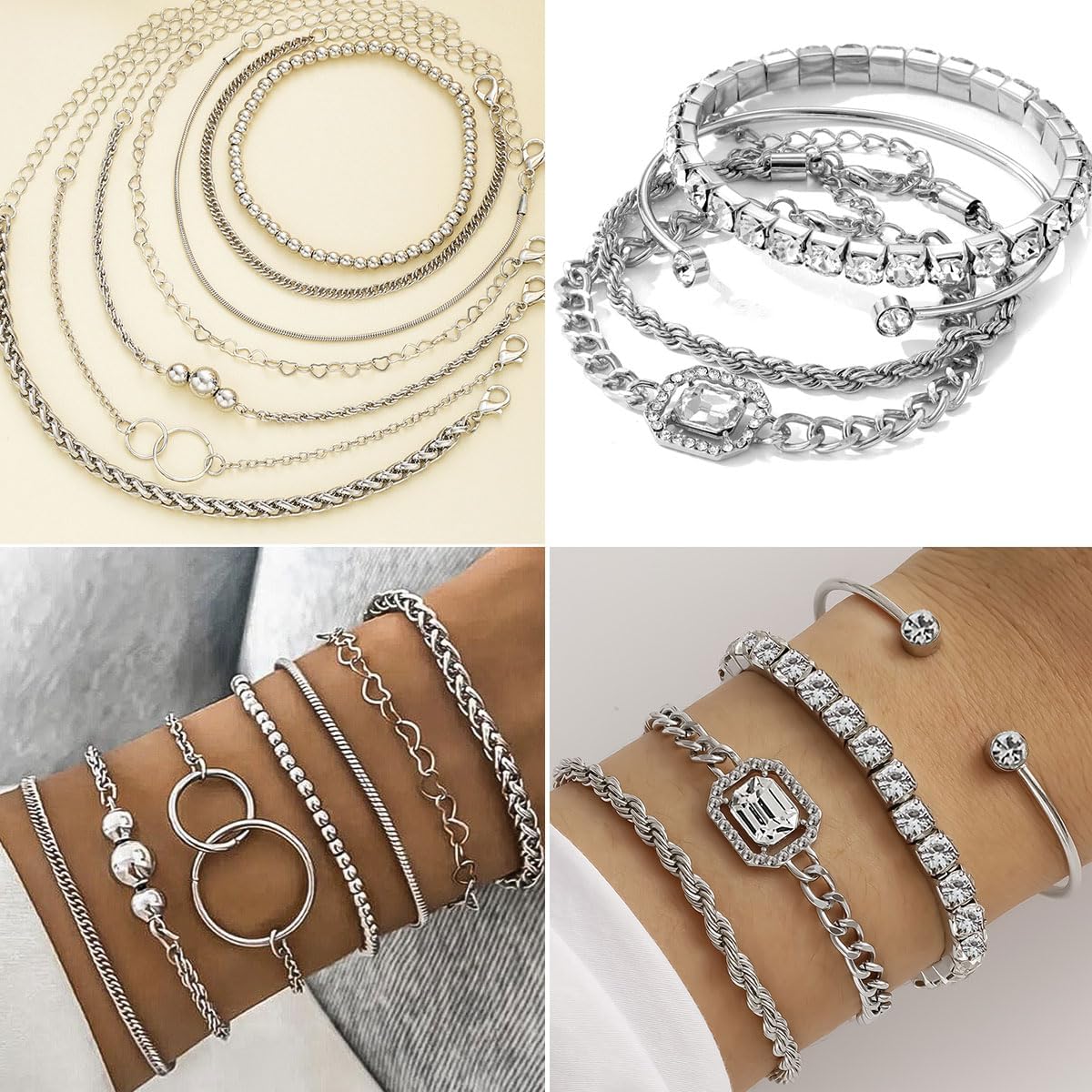 116 Pcs Silver Jewelry Set with 7Pcs Layered Necklace, 11 Pcs Bracelet and 22pcs Hoop Earrings ,22pcs Knuckle Rings,54pcs stud earrings Jewerly set For Women Valentine Anniversary Birthday Friendship Gift