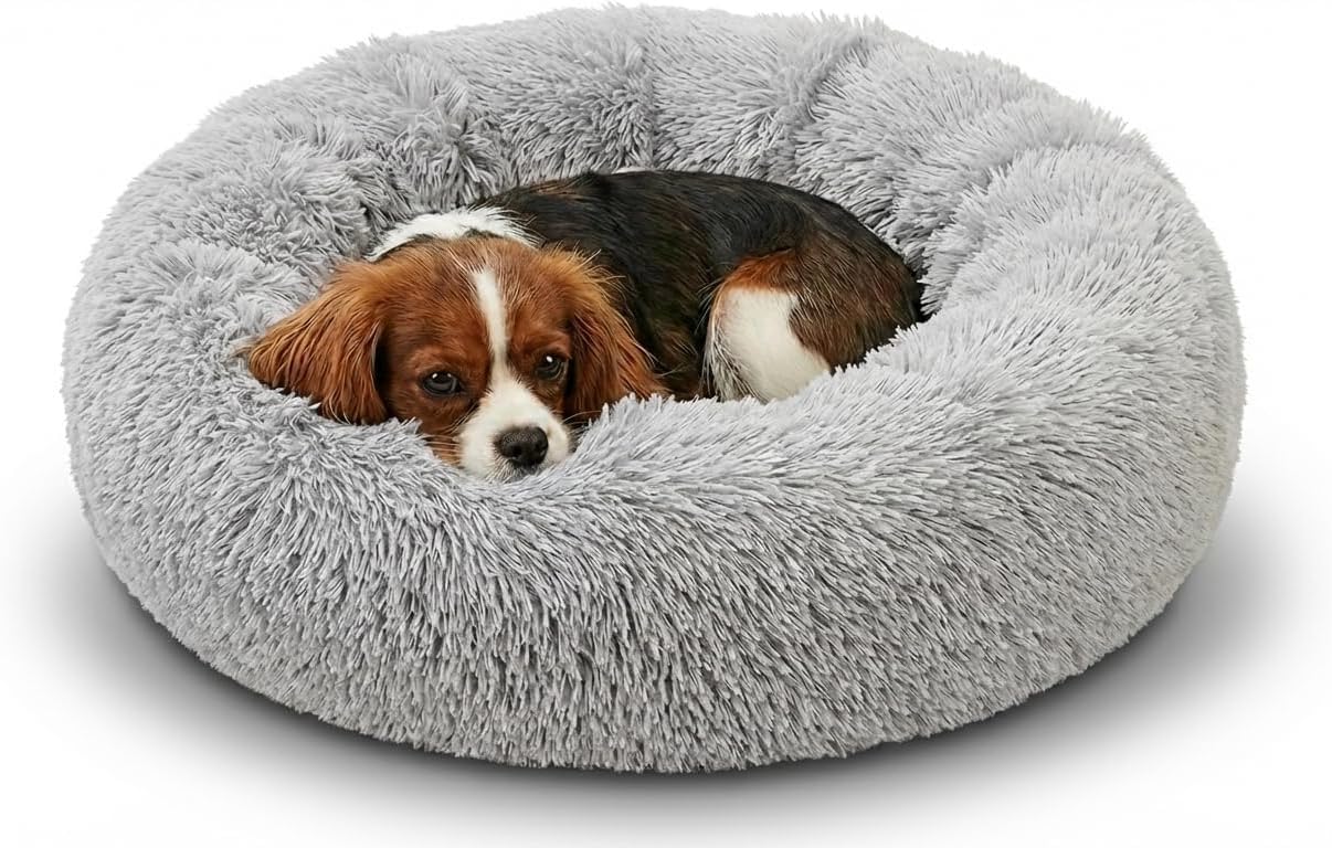 Active Pets Premium Small Donut Dog Bed, Fits Up to 45 lbs, Removable Cover & Washable Cushion, Plush Long Pile Faux Fur Fabric, Portable Light Grey Pet Bed Furniture for Puppies Adult Canines & Cats