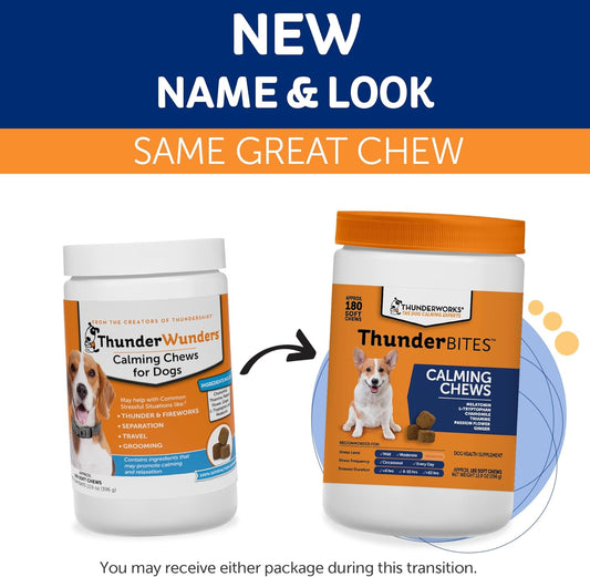ThunderBites Dog Calming Chews, Thiamine, L-Tryptophan, Melatonin and Ginger, Can Help Relieve Stress from Separation, Storms, Fireworks & Travel (180 Count), formerly ThunderWunders