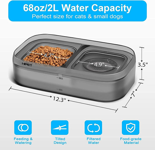 68oz/2L Double Tilted Raised Cat Bowls for Food and Water Set with 2 Replacement Filters, NoSpill Feeding Drinking Dish Suitable for Indoor Cats Small Dogs cat Fountain