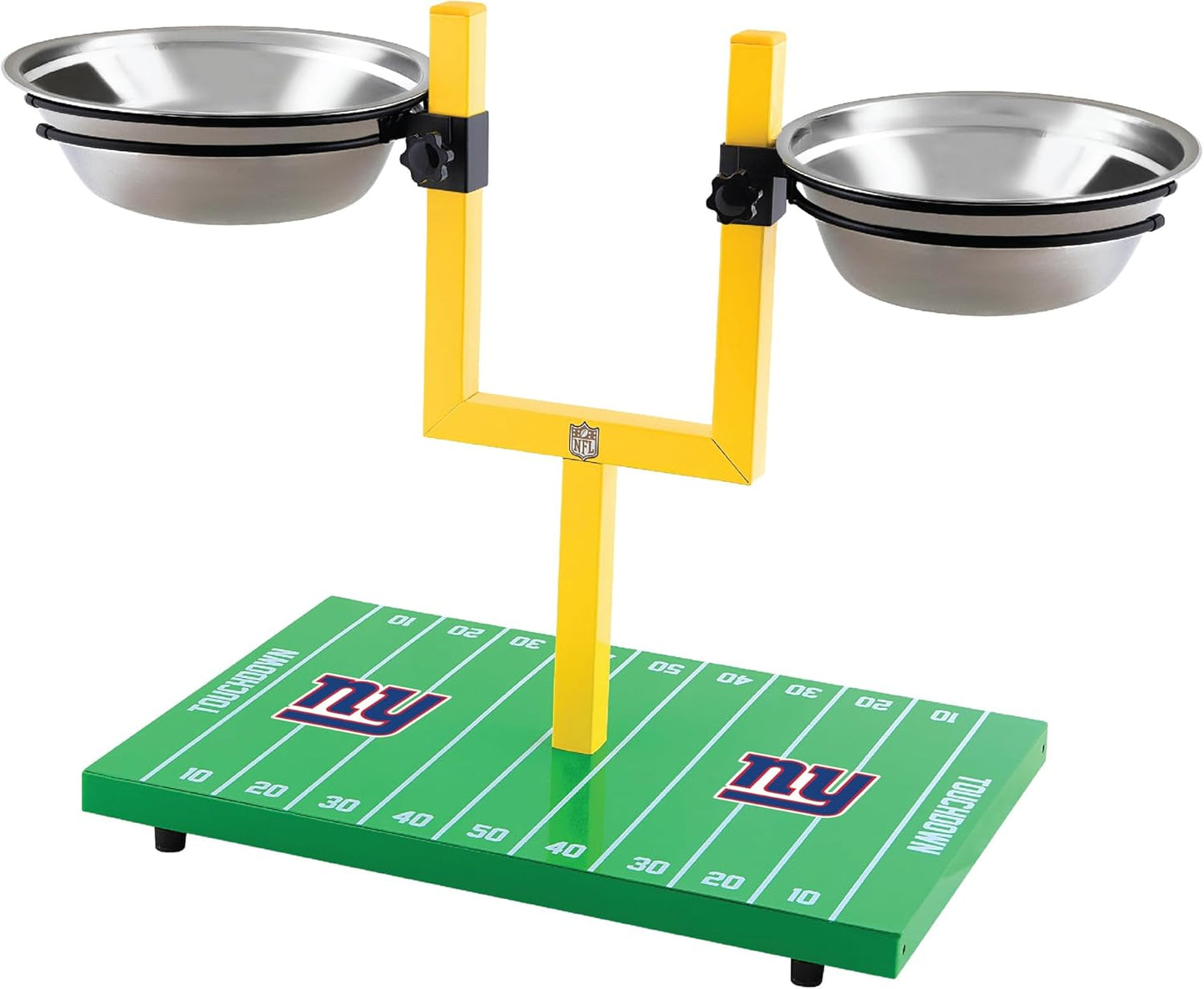 NFL New York Giants Goalpost Football Field Dog Feeder – Adjustable Elevated Dog Bowls with Stand, 2 Stainless Steel Bowls, Non-Slip Rubber Feet, Raised Pet Feeder for Large & Small Dogs, Cats.