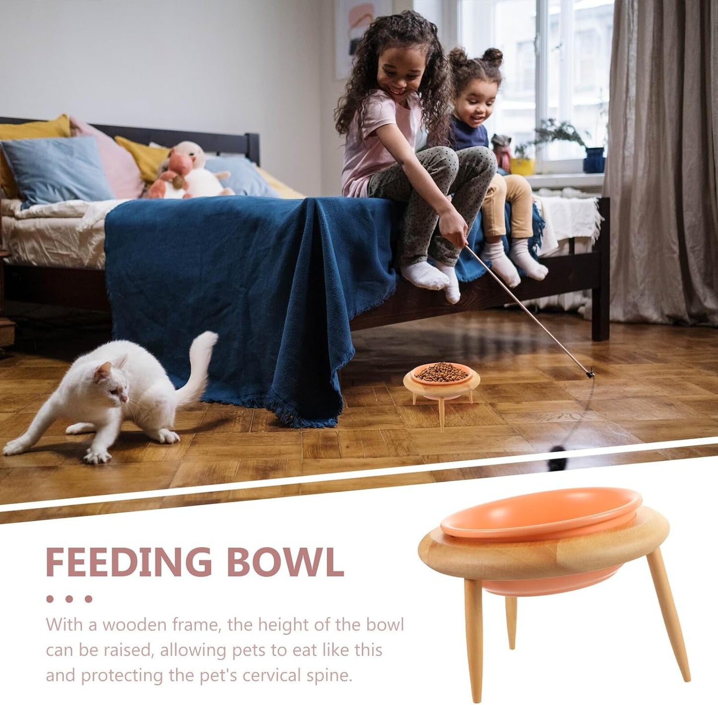 Milisten Elevated Ceramic Cat Bowl with Oak Rack 600ml Raised Pet Food Holder and Water Container for Cats and Small Dogs Feeding