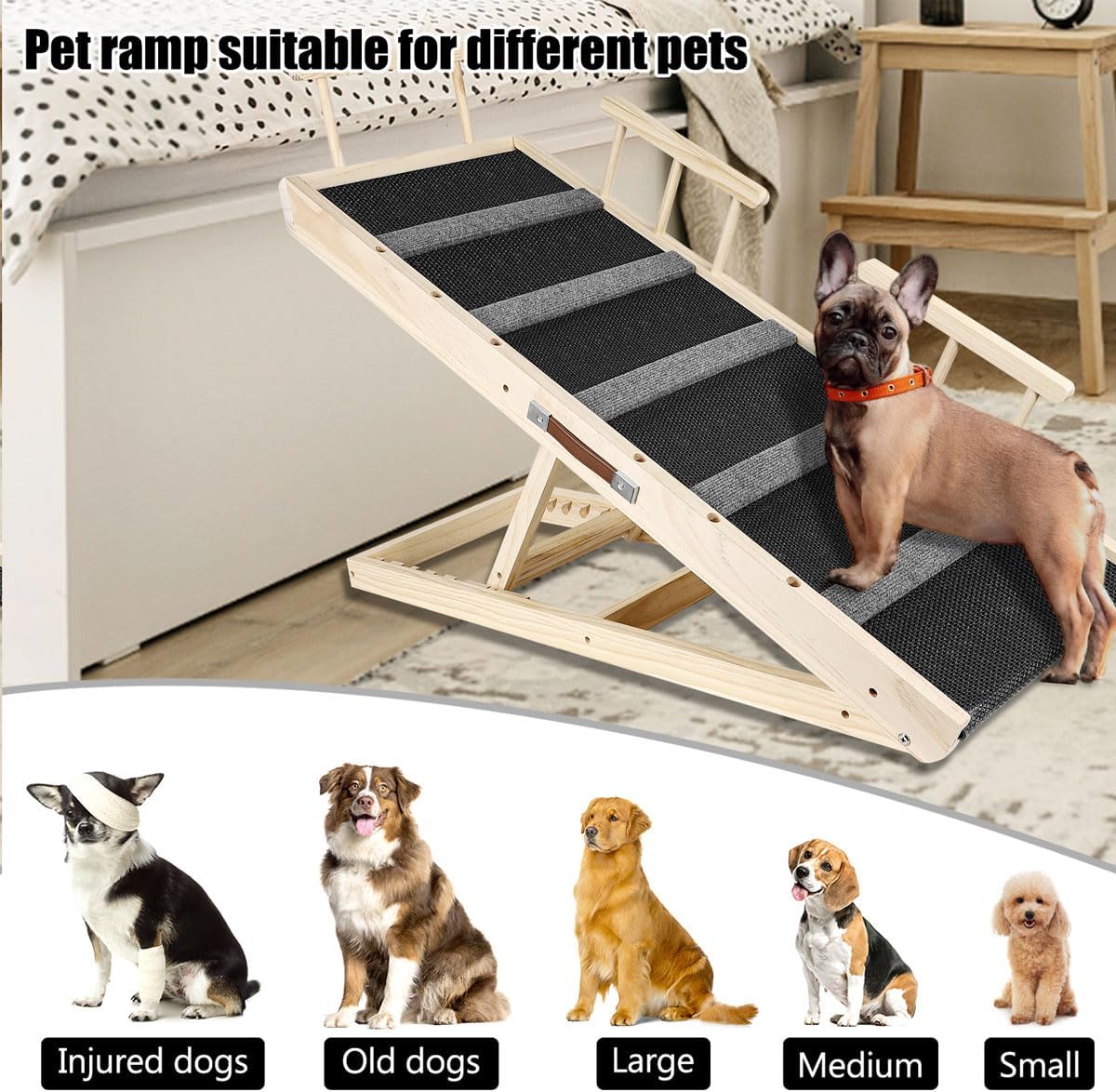 GaliGali Dog Ramp, Adjustable Portable Folding Pet Ramp, Grey 43.3" Long Wooden with Non-Slip Traction Pad for Small Old Dogs and Cats, Applies to Sofa, Couch, Car NO.GGPTZHI-110