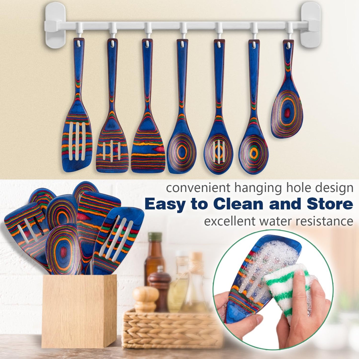 Wooden Spoons for Cooking, Pakkawood Kitchen Utensil Set Spectrum Color, Premium Durable Wooden Utensils for Nonstick Cookware, Heat Resistant, Smooth Finish, Comfortable Grip, 7 Piece