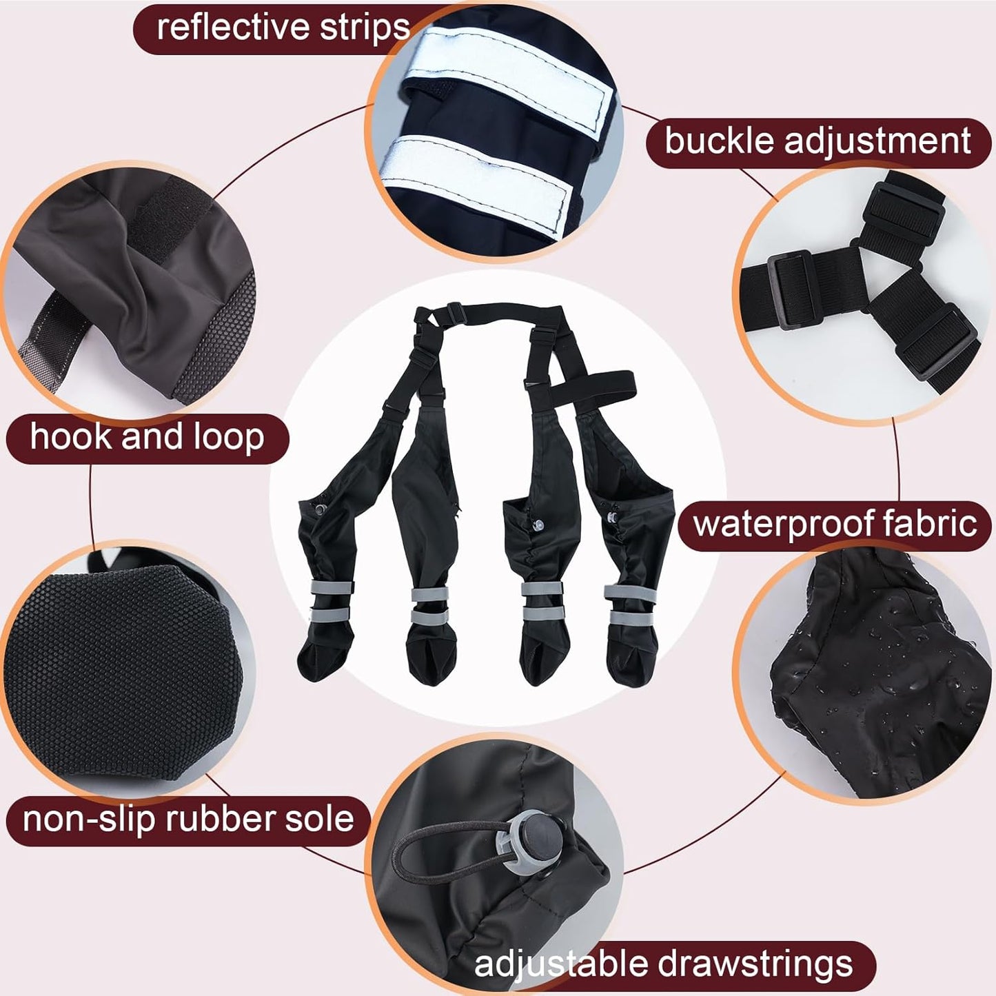 Dog Suspender Boots, Waterproof Dog Boots& Paw Protectors, Winter Snow Boot for Large Dogs, Stay-On Anti Dirt Legging Shoes for Rain & Mud, Reflective Anti-Slip Booties for Hiking, Black XXL