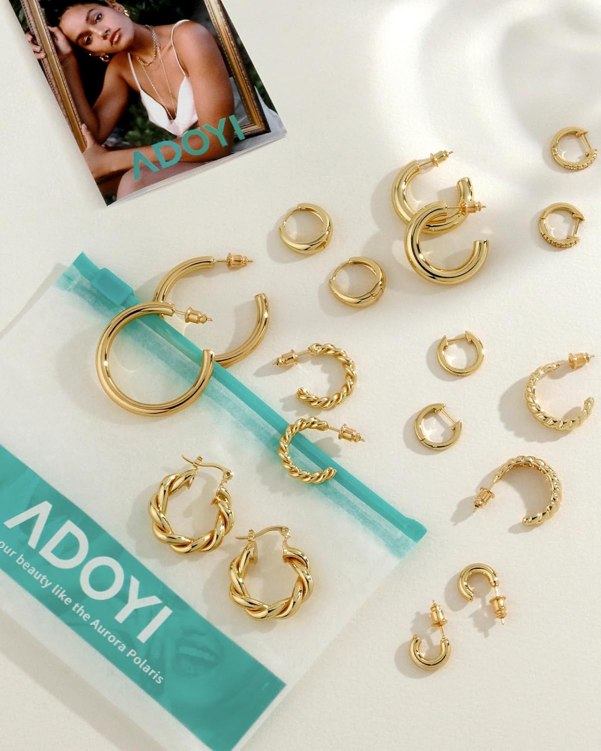 Adoyi 9 Pairs Gold Hoop Earrings Set for Womens Twisted Huggie Hoops Earrings 14K 18K Gold Plated for Girls Valentines Mother's Day Birthday Gifts Lightweight
