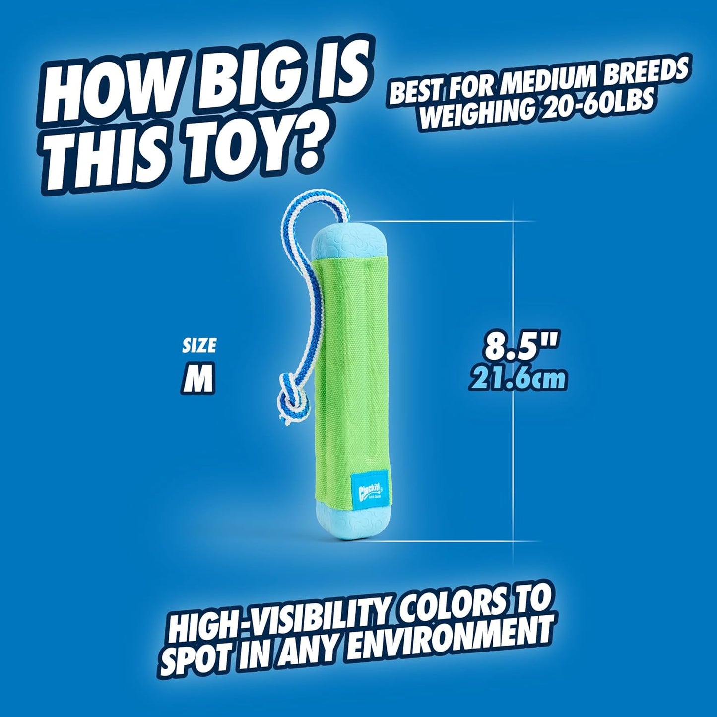 Chuckit! Amphibious Bumper Fetch Stick Toy for Dogs - Floats in Water - Interactive Dog Toys to Keep Them Busy - Tough Rubber, Nylon, and Foam - Non-Slip Rope Handle - Size Medium - Assorted Colors