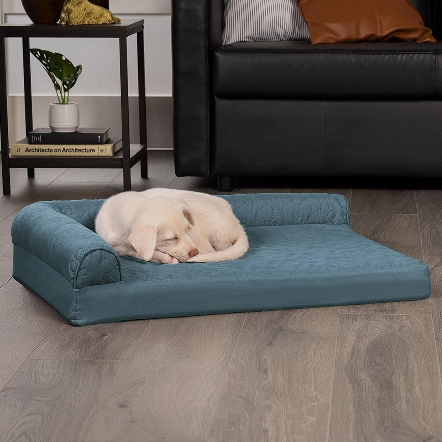Furhaven Memory Foam Dog Bed for Medium/Small Dogs w/ Removable Bolsters & Washable Cover, For Dogs Up to 35 lbs - Pinsonic Quilted Paw L Shaped Chaise - Bluestone, Medium