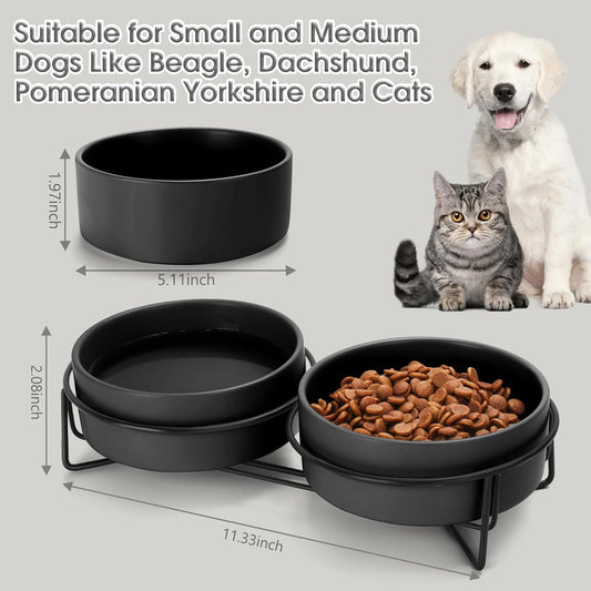 Ceramic Dog and Cat Bowl Set with Stand, 1.7 Cups Dog Food and Water Bowl Suitable for Small and Medium Pets (13.5oz Black)