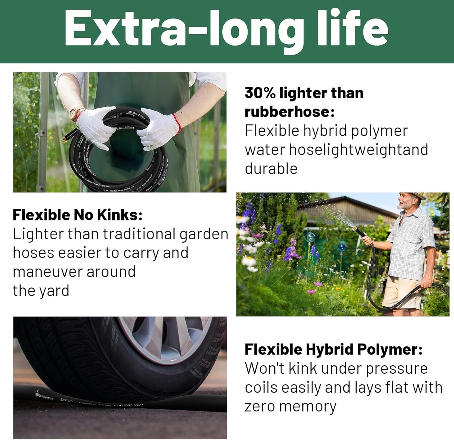 Garden Hose 50 ft x 5/8 in Heavy Duty Water Hose, Flexible and Durable, Lightweight Rubber Hybrid Hose, Leak-Free Connections, Male to Female 3/4'' Brass Fittings for Patio, Lawn, Black