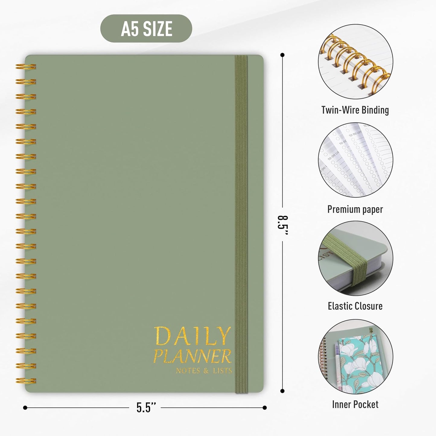 Daily Planner Undated - Simplified To Do List Notebook with Hourly Schedules, Spiral Appointment Organizer, 5.5" x 8.5", Easily Manage Your Tasks and Productivity - Green