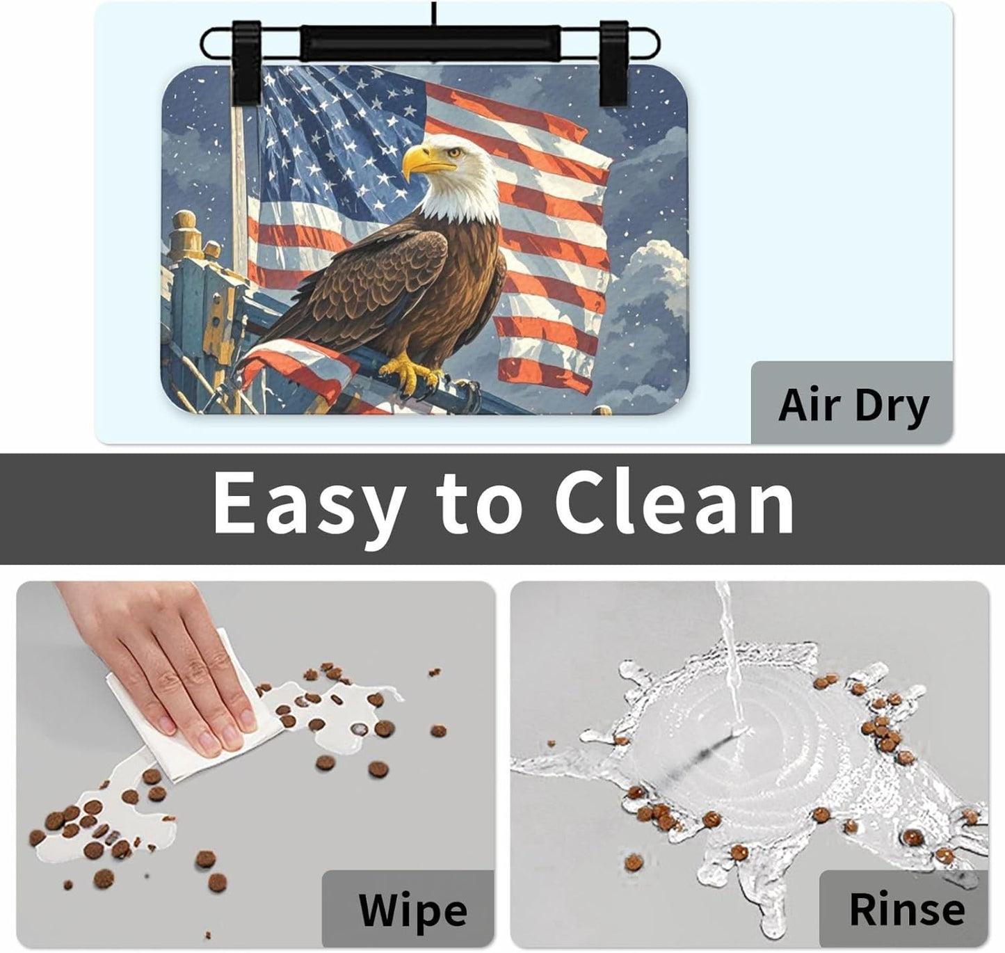 Pet Feeding Mat Leather Dog Food Mat Waterproof Pet Tablecloth America Flag and Eagle Pet Placemat for Dogs Absorbent Dog Bowl Mat Anti-Slip Dogs Mats for Food and Water