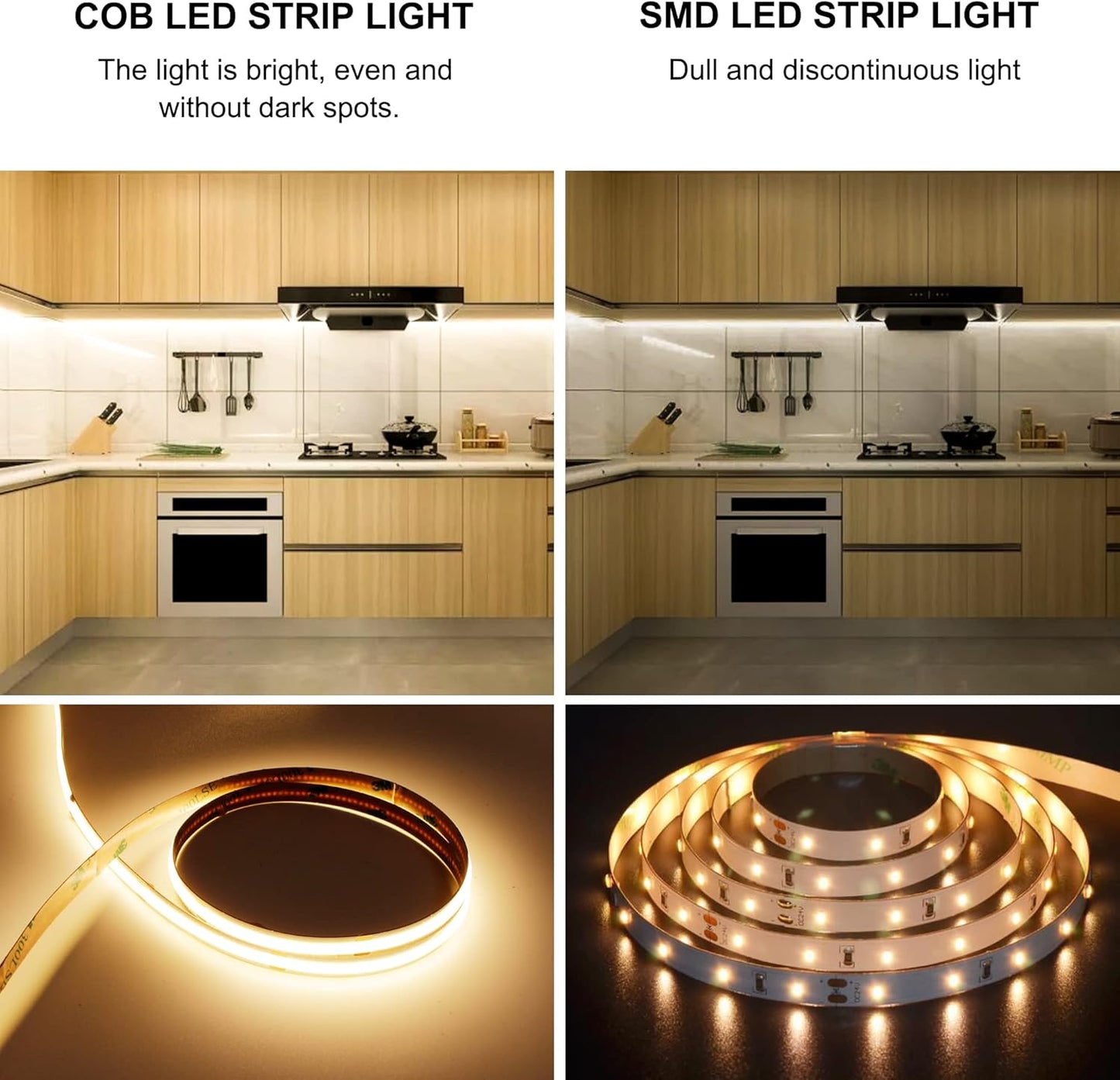 COB LED Strip Light Warm White, High Bright LED Strips with 2400LEDs, RF Remote and UL Power Supply, 3000K Dimmable LED Lights for Bedroom, Kitchen, DIY Home Decoration