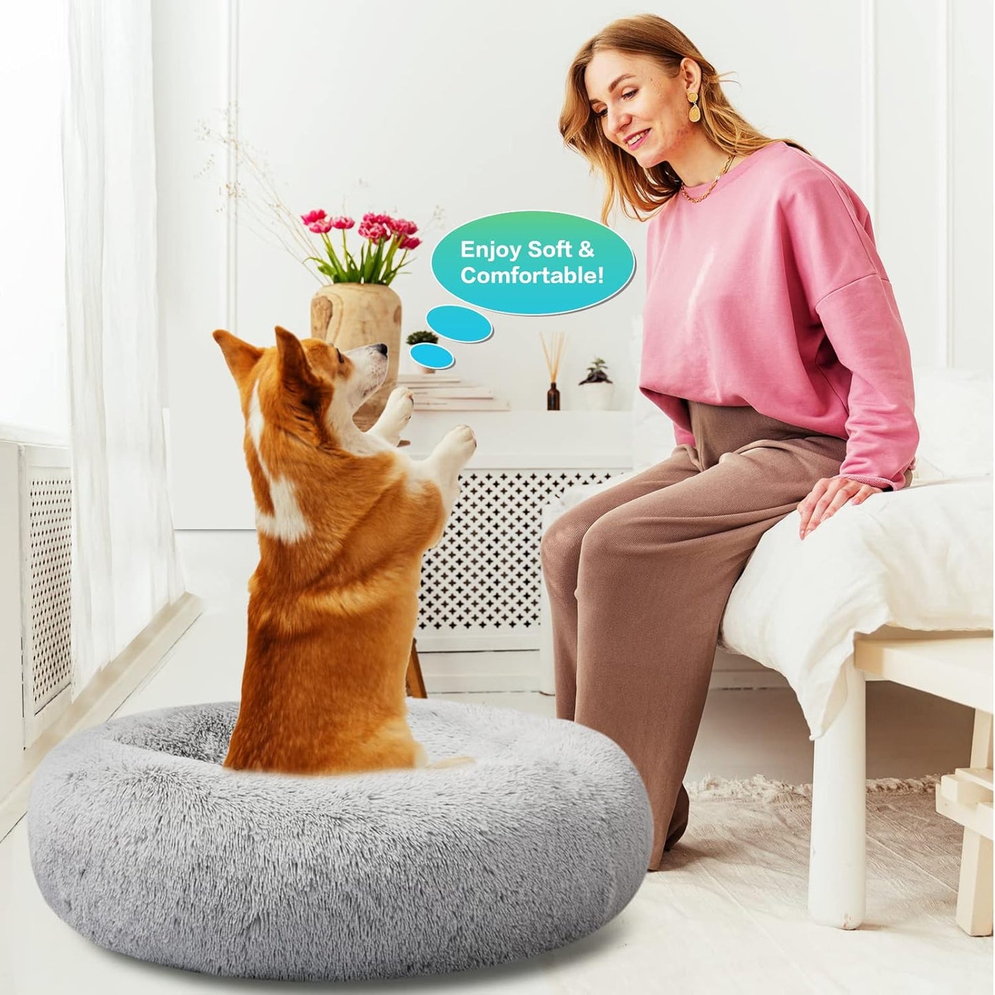 SAVFOX 36 inches Calming Donut Dog Bed - 3X Durable Plush Faux Fur, Machine Washable & Non-Slip, Fits up to 100 lbs, Light Grey
