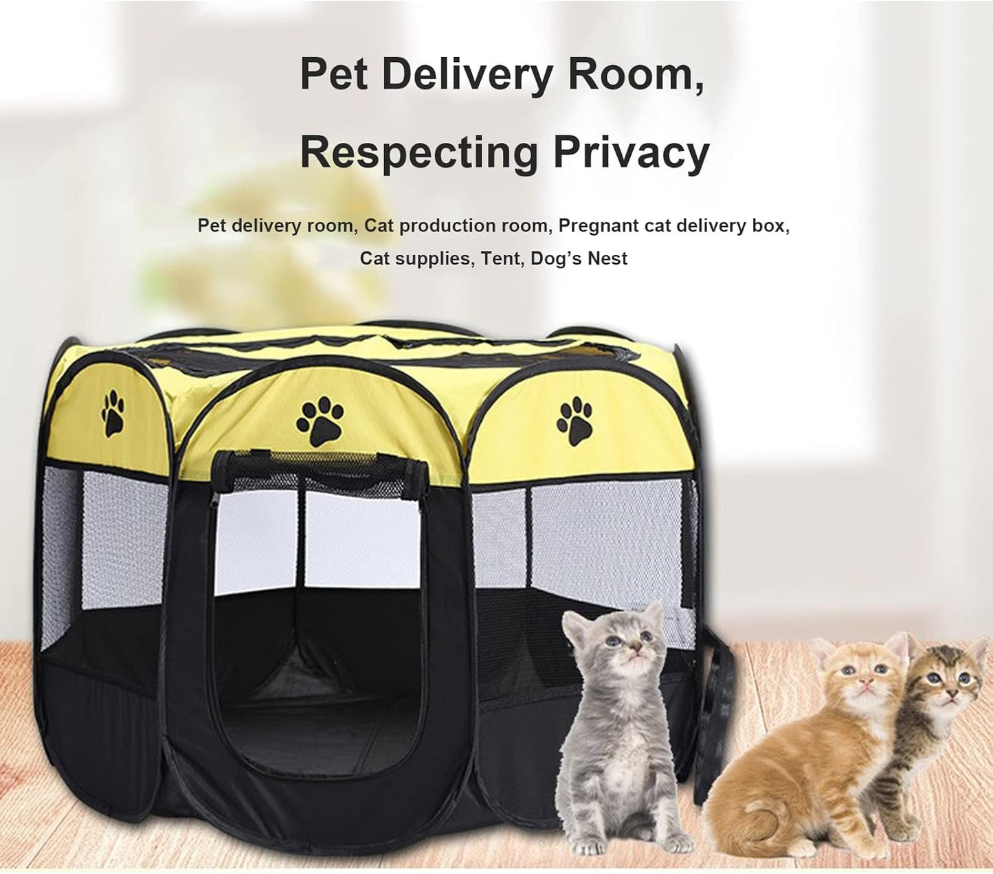 Foldable Dog Cat Playpens, Portable Dog Pen Indoor Outdoor, Air Playpen and Exercise Pen Pet Tent House Playground with Removable Shade Cover for Dogs & Cats,Brown,M