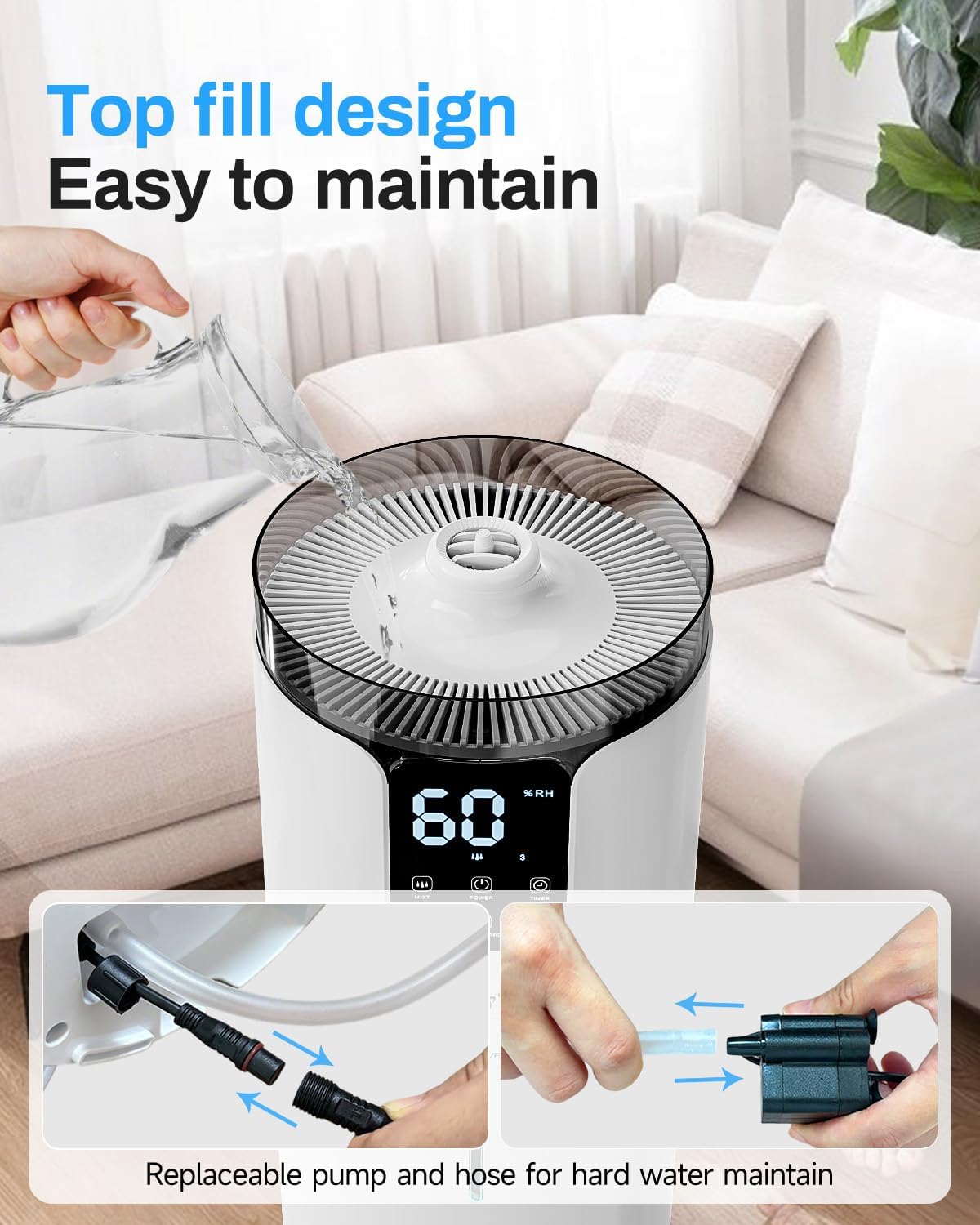 Humidifier Large Room, 4.2 Gal/16L Large Humidifier for 1500 sq.ft, 360° Nozzles Cool Mist Ultrasonic, Top Fill Tower Humidifiers for Bedroom Office Plant wholehouse with Extension Tube, Night Light