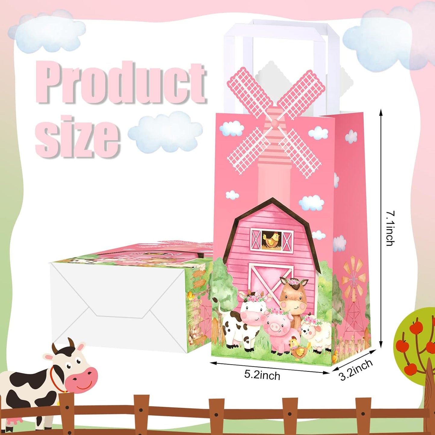 16 Pcs Pink Farm Animal Party Favor Bags Kraft Paper Goodie Bags with Handle 3D Pinwheel Double-sided Printing Treat Bag for Birthday Gender Reveal Barnyard Farm Themed Party Supplies
