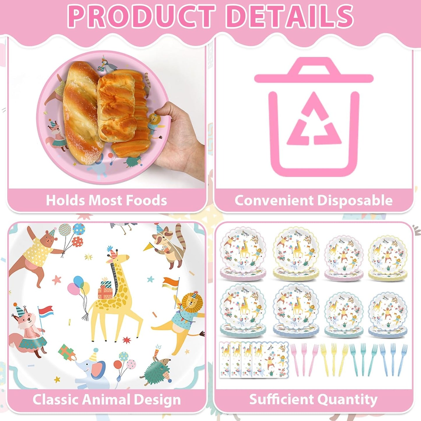96Pcs Animal Party Supplies Pastel Animal Scalloped Tableware Dinnerware Animals Themed Party Plates and Napkins for Kids Jungle Safari Birthday Baby Shower Parties Decor Serves 24
