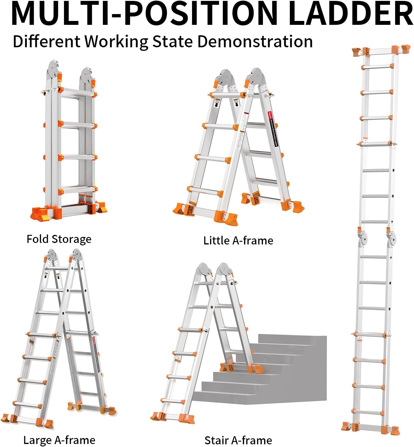 Valeo Ladder 14FT, Multi Position 4 Step Ladder Extension, Anti-Slip A Frame Folding Ladder with Removable Tool Tray, 330lbs Adjustable Telescopic Aluminum Ladders for Stairs Home Indoor Outdoor Roof