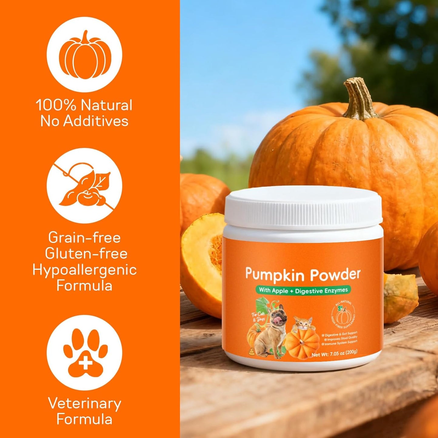 Organic Pumpkin Powder for Dogs & Cats, High Fiber Digestive Support with Enzymes & Apple, Helps Firm Stool, Relieve Constipation & Diarrhea, Easy Mix Pumpkin Puree Topper, 7.05 oz (200 g)