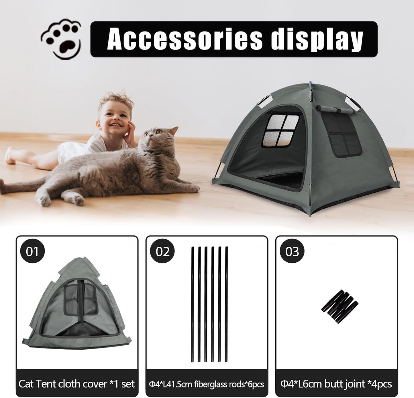 Open Design Pet Tent, Cozy Monitoring Bed for Cats & Puppies, Breathable Mesh Walls for Security & Ventilation, Indoor Outdoor Travel, Grey