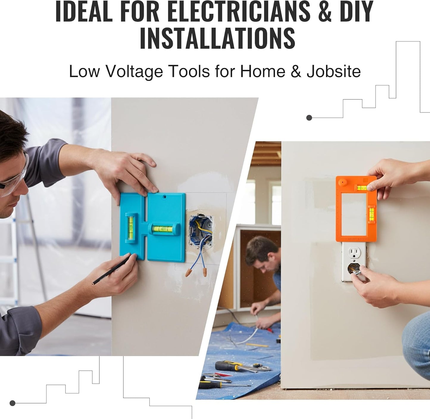 Low Voltage Mounting Bracket Template and Labor Saving Devices for Old Work Box, Horizontal or Vertical Low Voltage Tools for Single&Double Gang, Electrical Cutter, Wall Outlet Template Built in Level