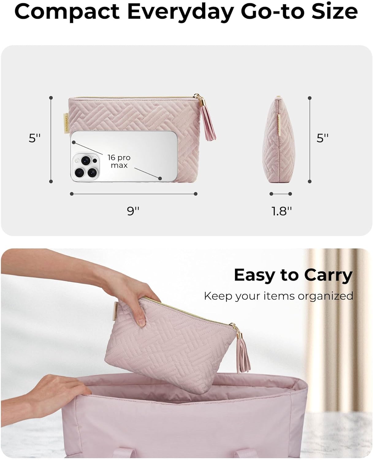 BAGSMART Small Cosmetic Bag, Elegant Roomy Makeup Bags,lipstick pouch,Zipper Pouch,Great Gifts for Women,Travel Waterproof Toiletry Bag Accessories Organizer Gifts (Pink-1 pcs)