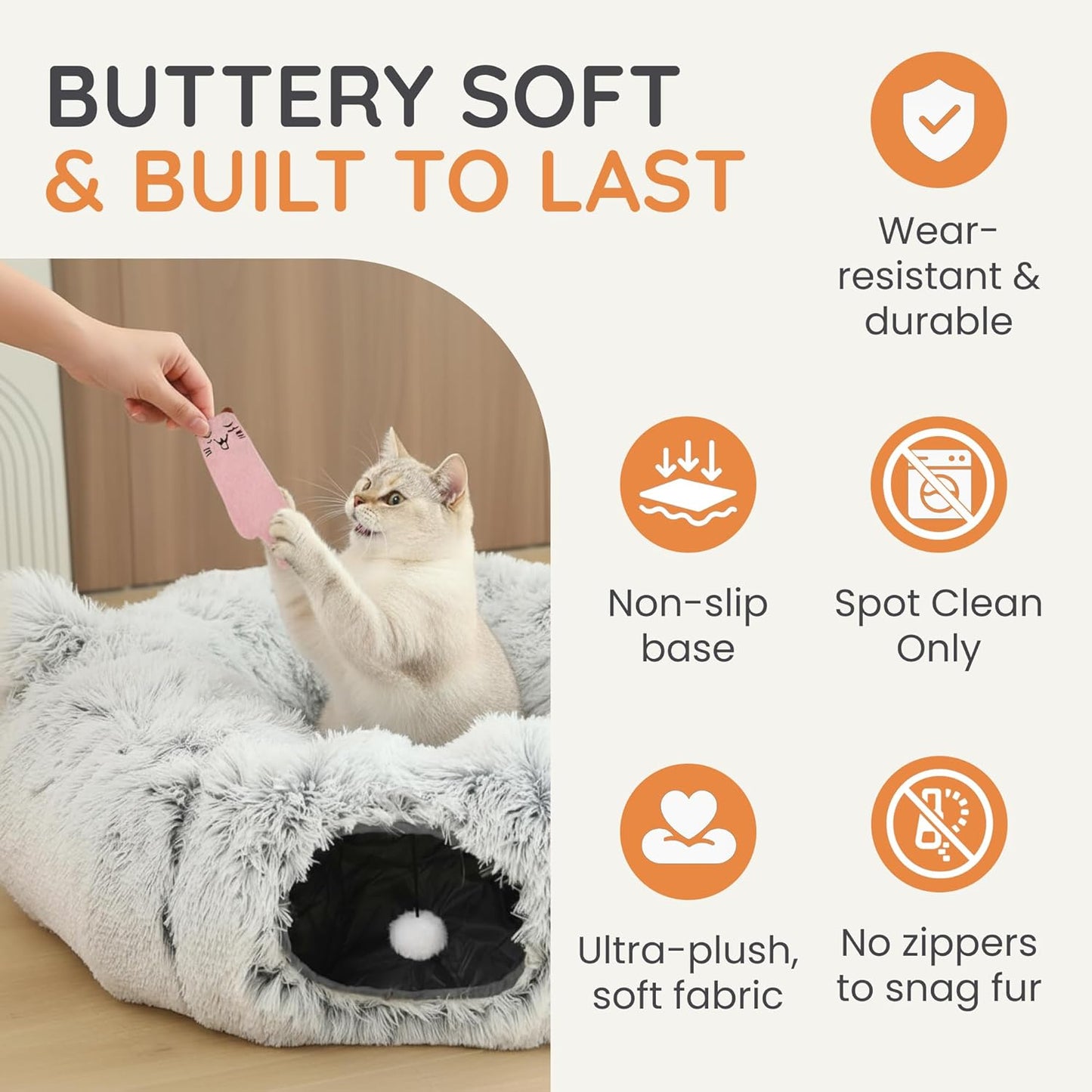 3-in-1 Cat Tunnel Bed Cave with Fun Catnip Interactive Stimulating Kitten Toys for Indoor Bored Cats - Peekaboo Hideaway & Donut Tunnel - Foldable Cute Furry Fuzzy Bed - 32"