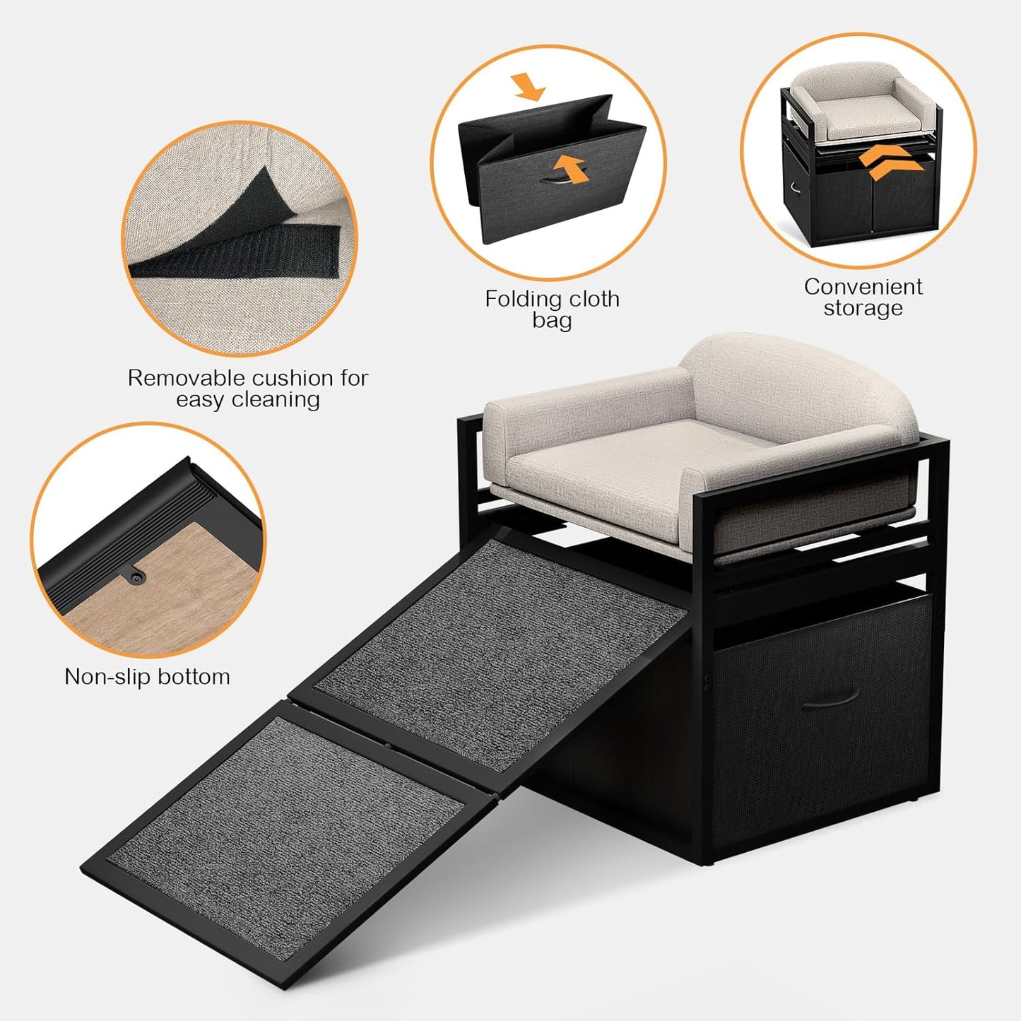 Non Slip Dog Ramp with Seat & Storage Drawers,Extra Wide Doggie Stairs,Metal Frame Puppy Chair for High Bed Couch Office,Dachshunds Ladder,Washable Cushion Pet Step for Small Old Pets Khaki