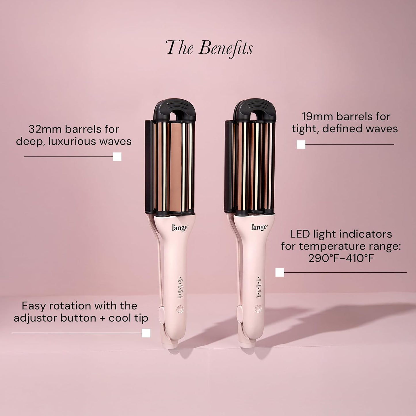 L'ANGE HAIR VersaWaver | 2-in-1 Adjustable Titanium Hair Waver & Crimper | 19mm & 32mm Barrels for Beach Waves & Defined Crimps | 3 Barrel Hair Tool with Heat Glove & Mat, Dual Voltage | Blush