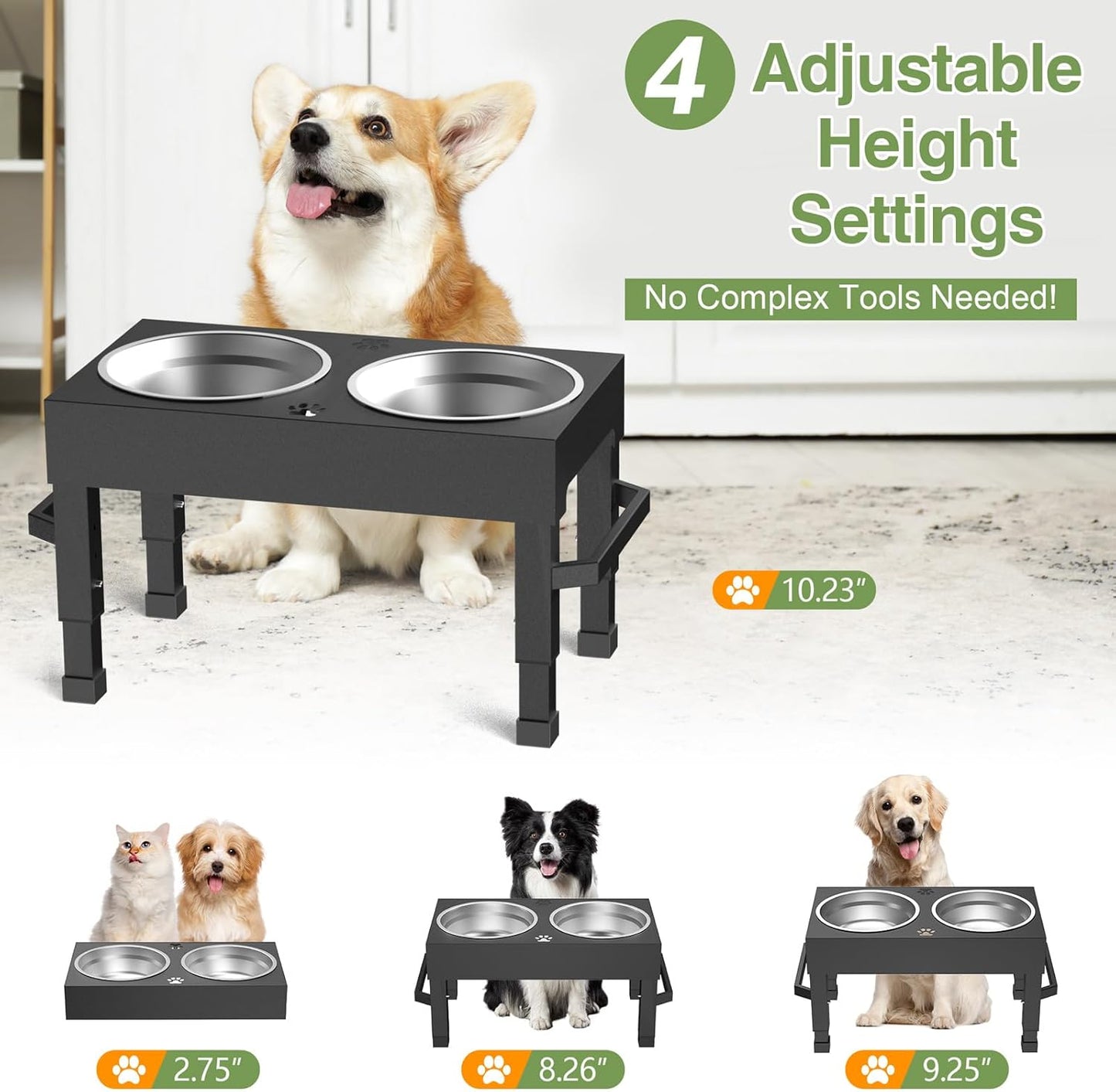 Elevated Dog Bowls, 4 Height Adjustable Raised Bowl Stand with 2 Stainless Steel 7" Food Feeder Bowls for Small Medium and Large Dogs